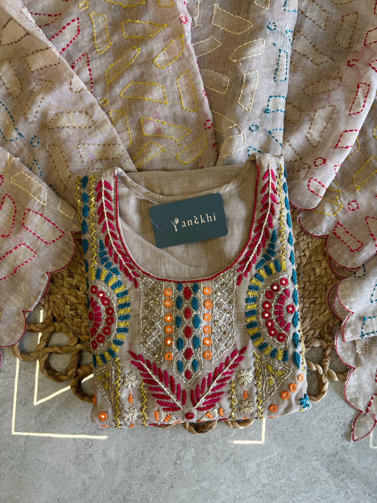 A4163- Linen suit with multicolour embroidery, detailed dupatta featuring all-over thread work.