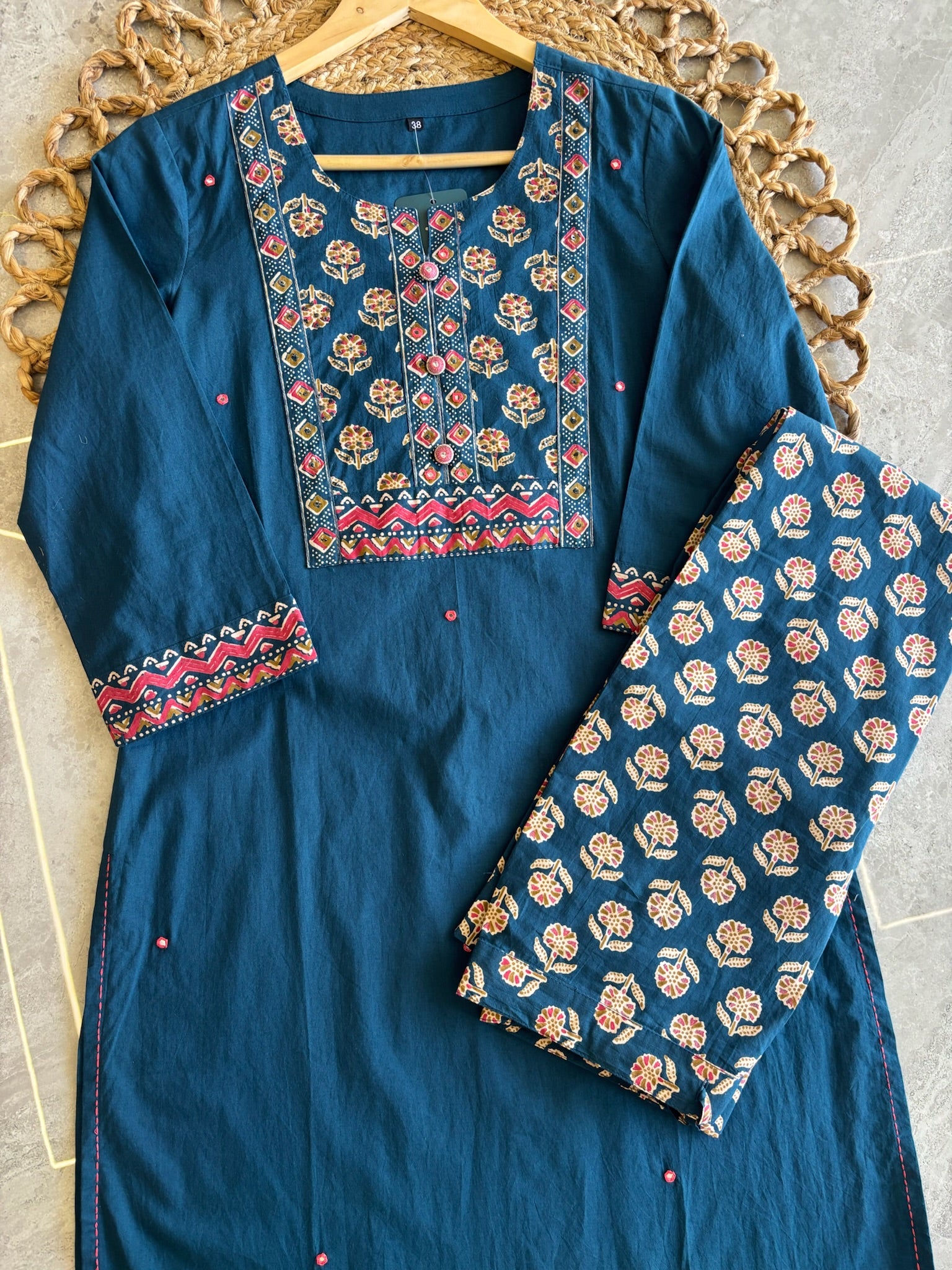 A2812 - Pure Cotton straight Kurti with york detailing, printed Pants and Dupatta.
