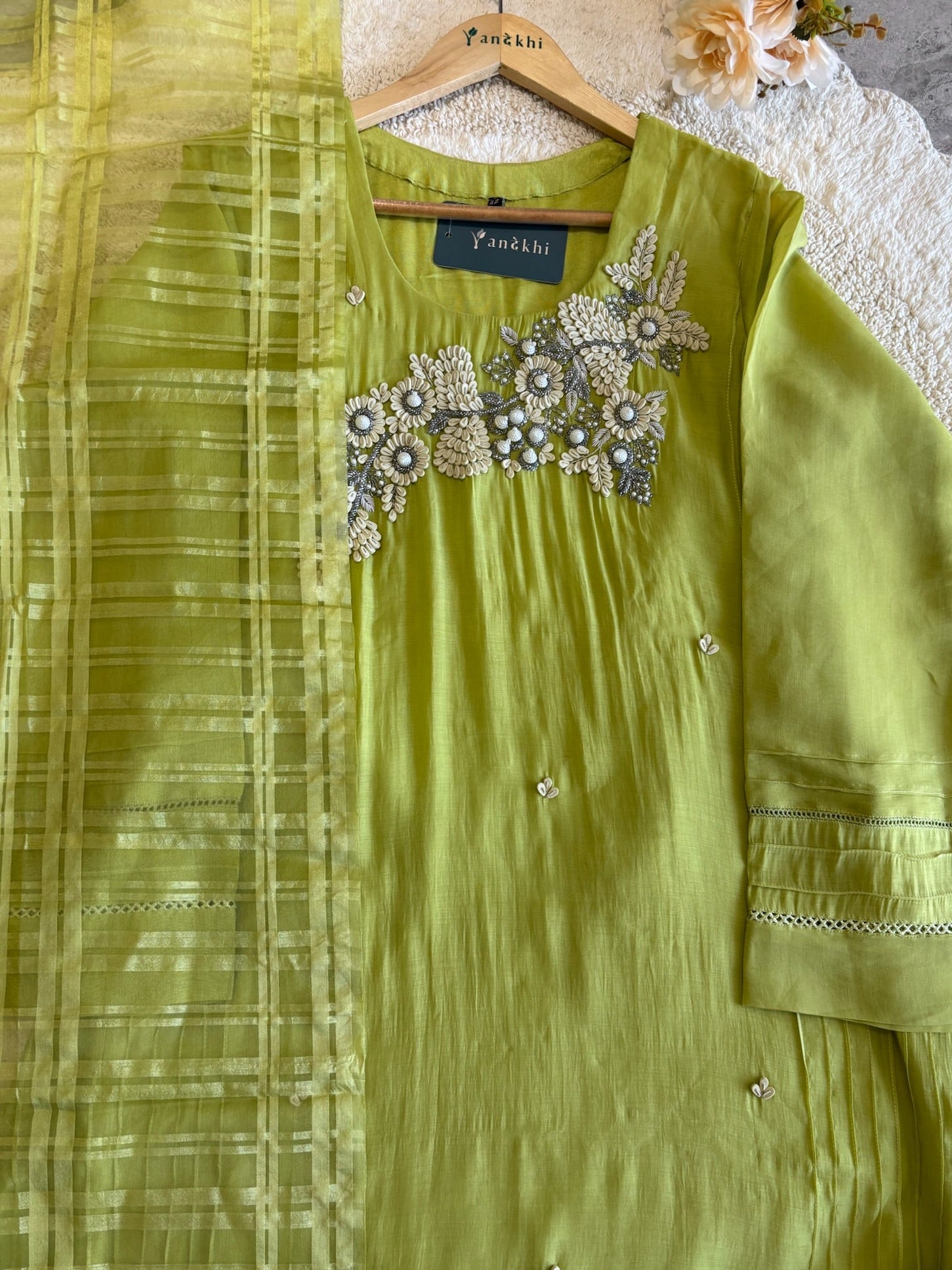 A1664 -Pure Mul Chanderi A-Line Suit featuring 3D Floral Handwork on the Neckline, paired with Pants & Organza Dupatta.