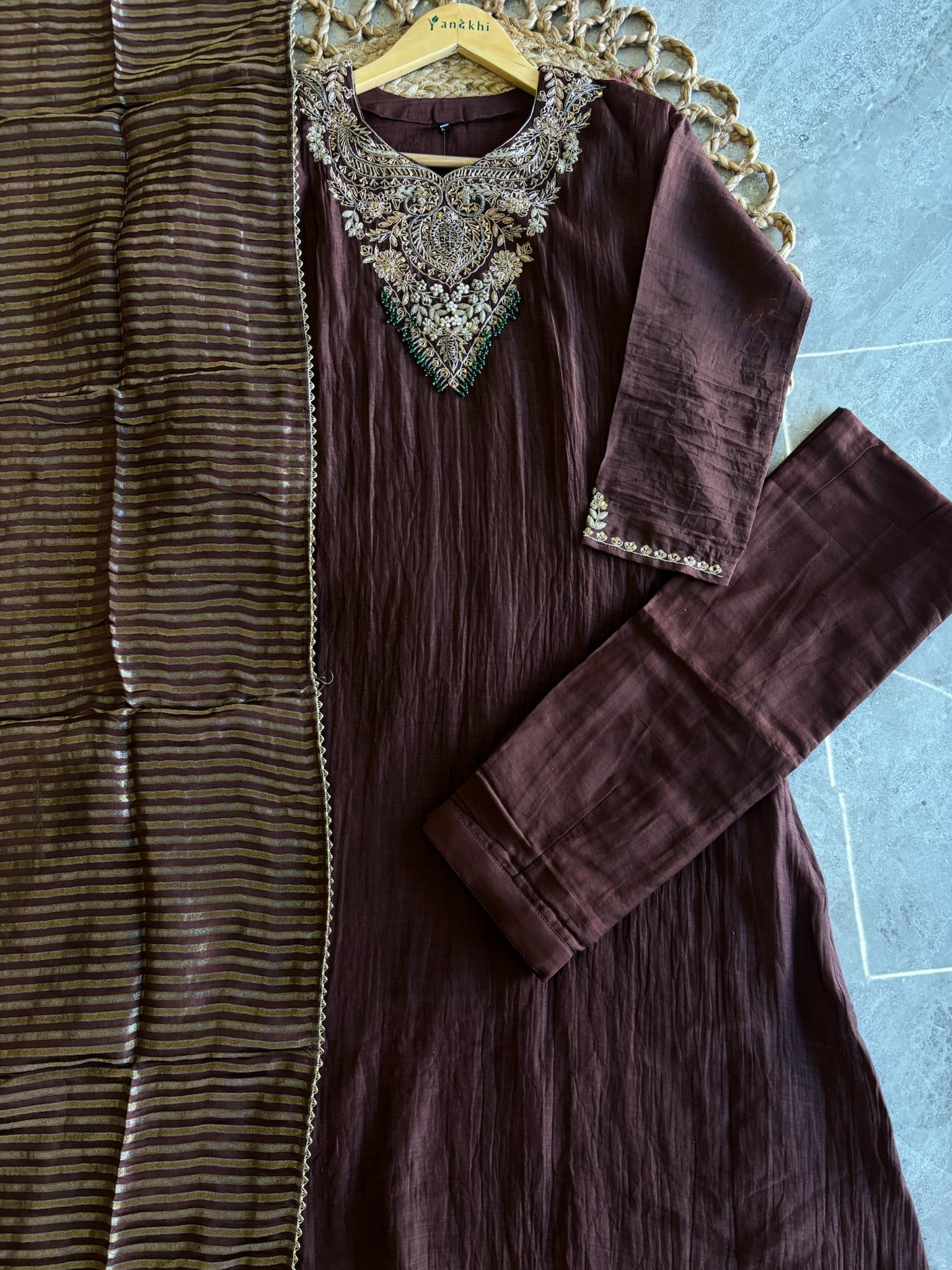 A4151 - Mul Chanderi Handwork A-lign Kurti with Pants & Dupatta.