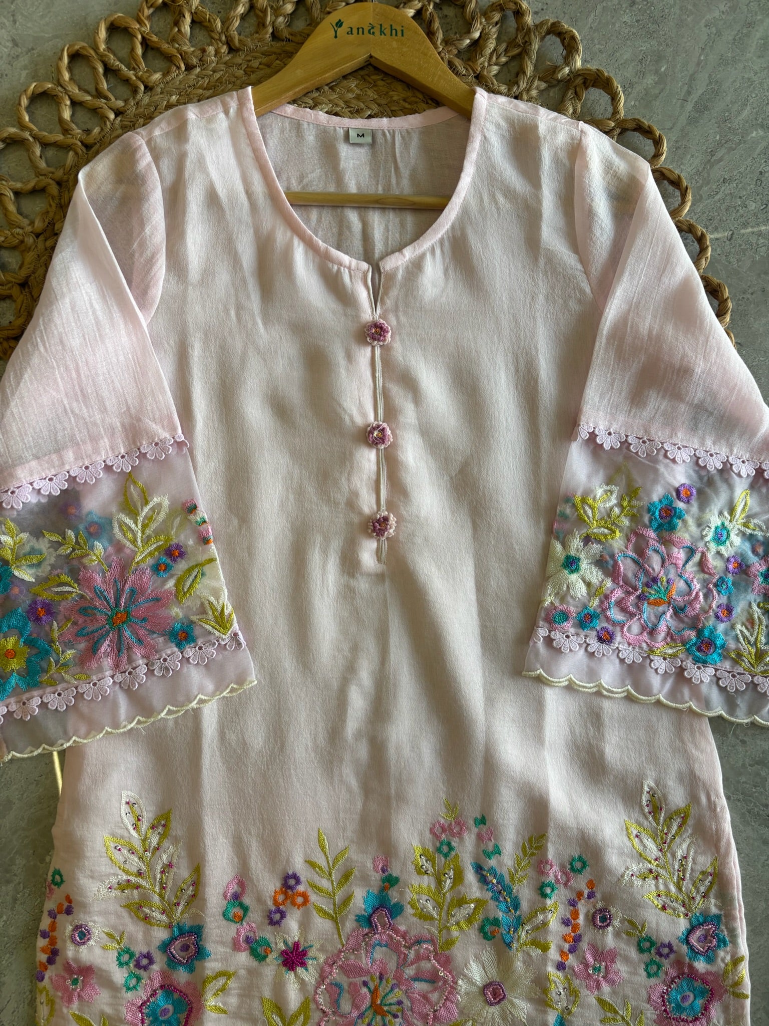 A4162- Linen Co-Ord Set with Vibrant Multi Colour Embroidery & delicate Lace Detailing.