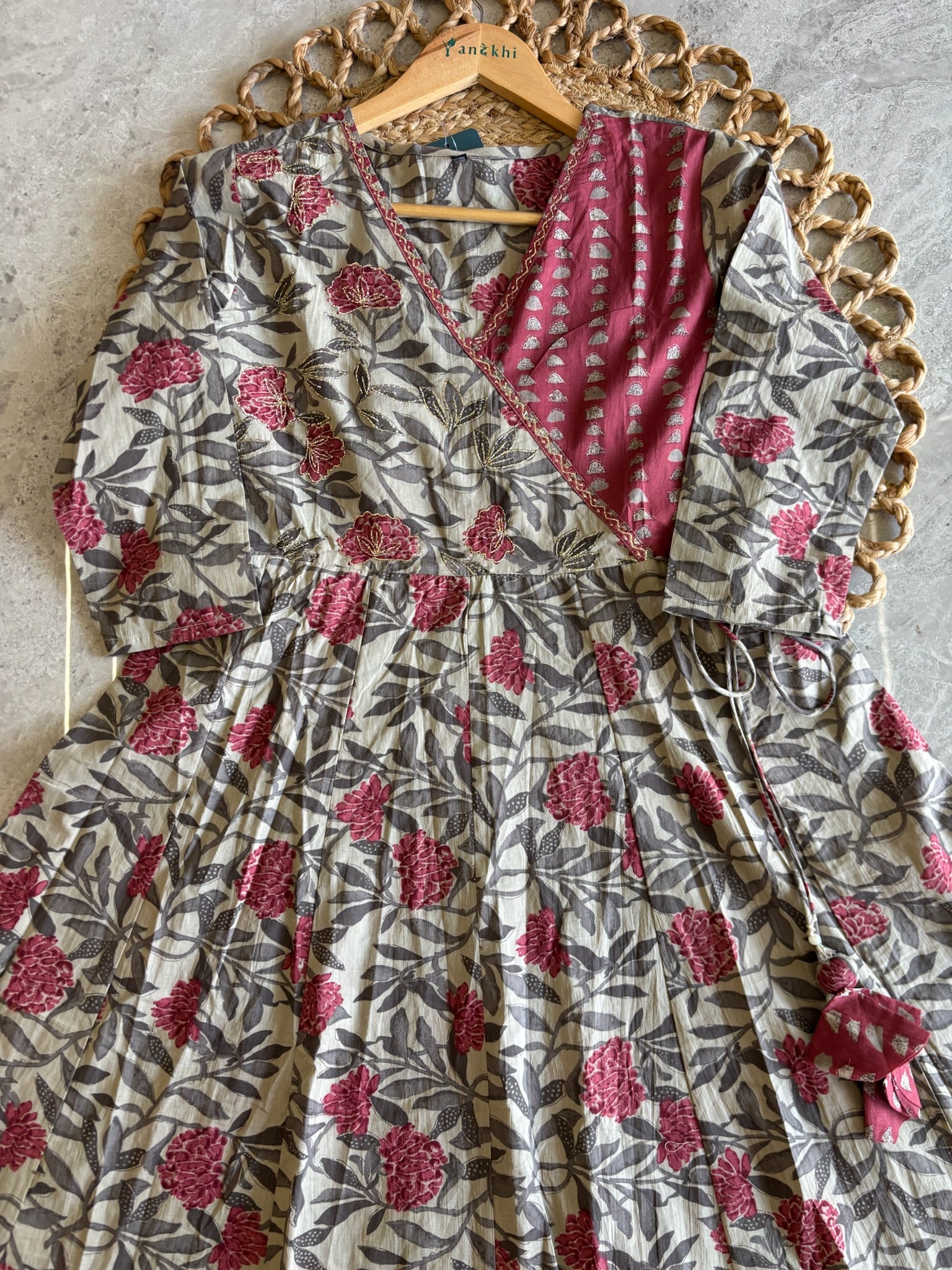 A3978- Pure Cotton Angarkha-style Anarkali Suit featuring Floral & Geometric prints, with Pants & Dupatta.