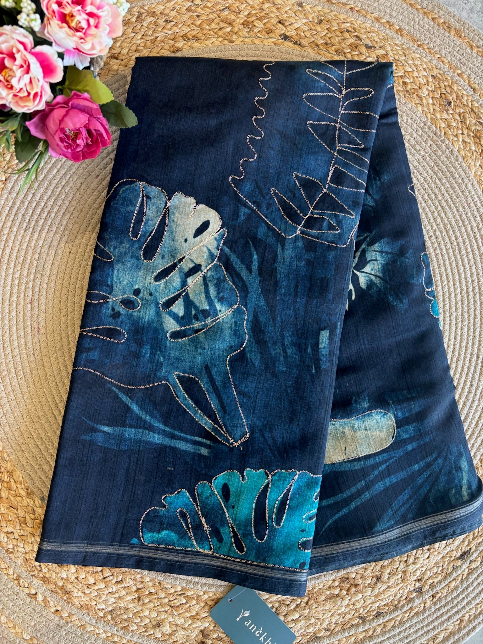 A2652 - Midnight Blue Tropical Art Silk Saree with Outline Handwork