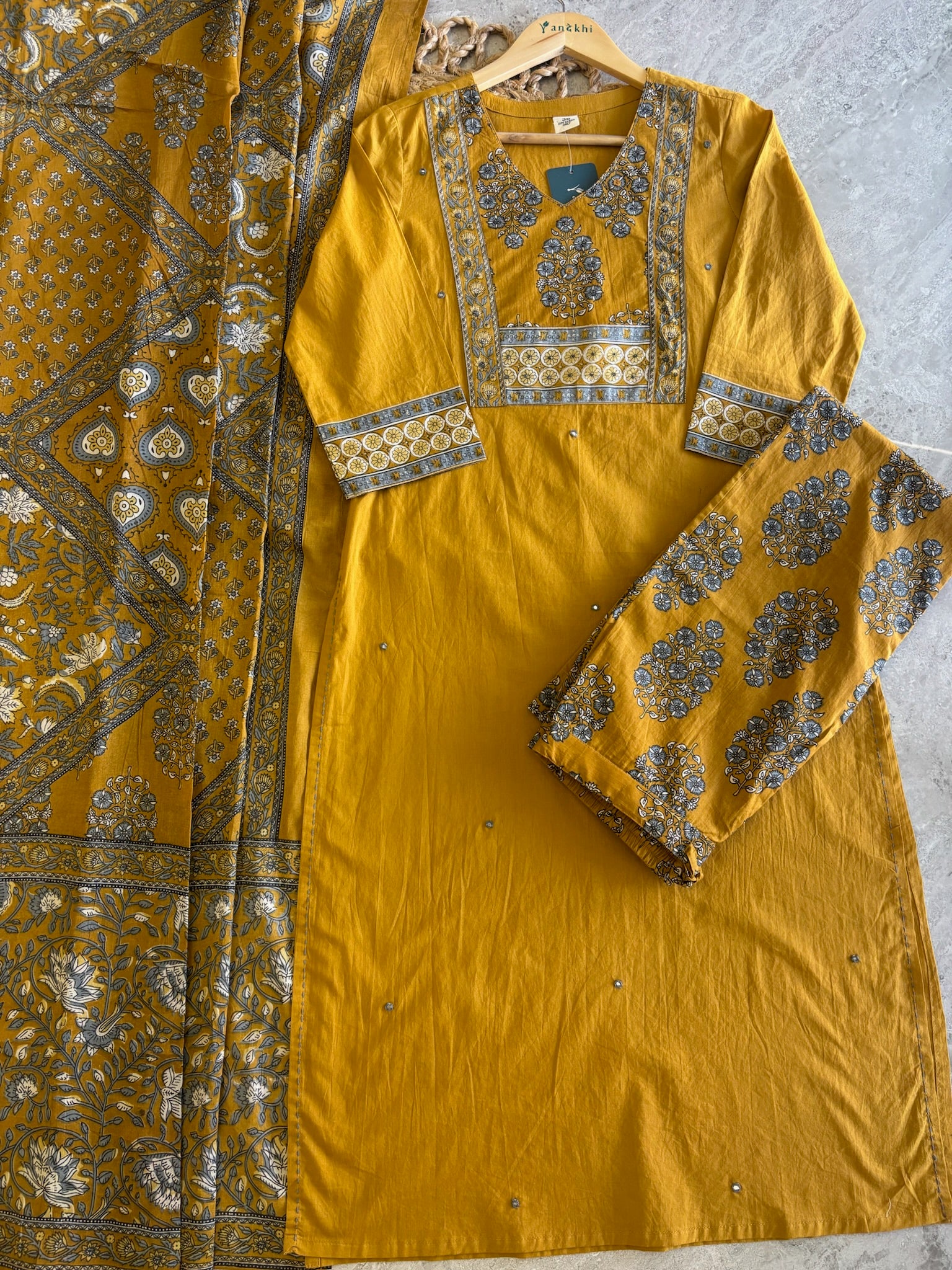 A2814 - Pure Cotton Suit set with an intricately Printed Yoke, coordinated printed bottoms.