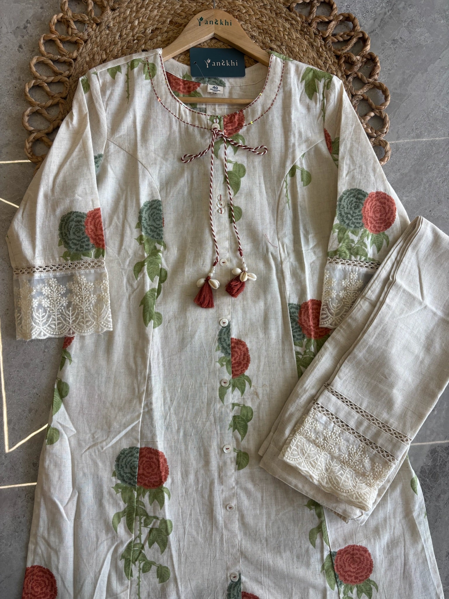 A4036 - Khadi Cotton Kurti & Pant set with lace detailed sleeves.