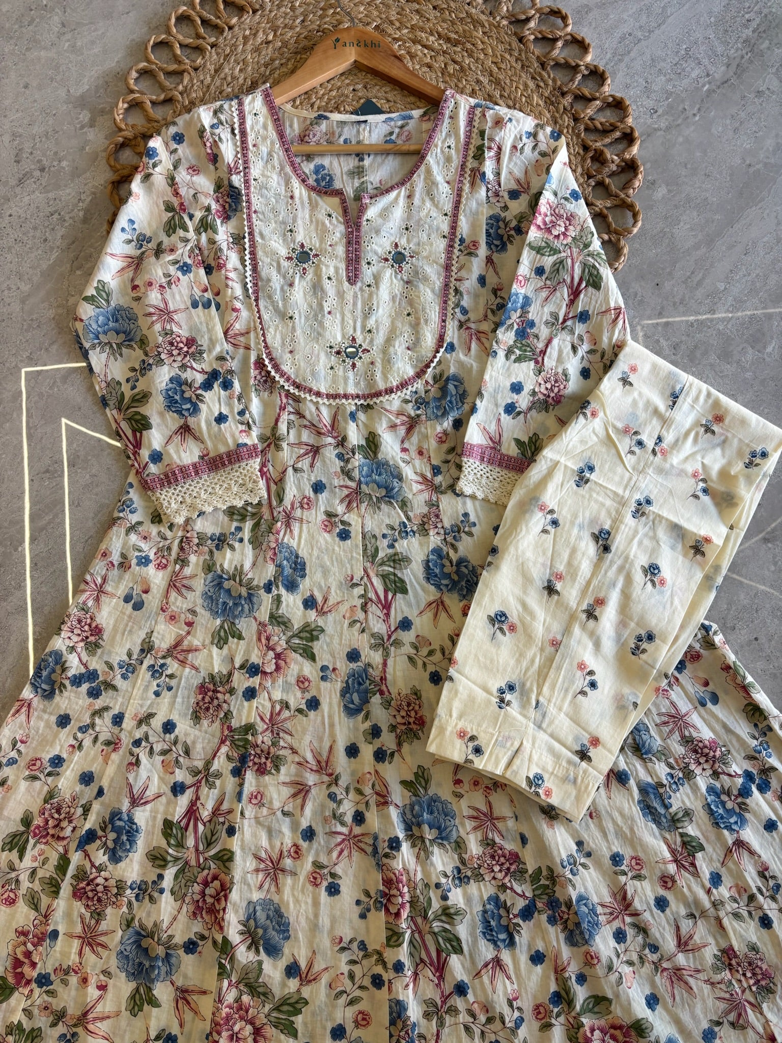 A4012 - Pure Cotton Anarkali with minimal Neckline detailing, Pants and Dupatta.