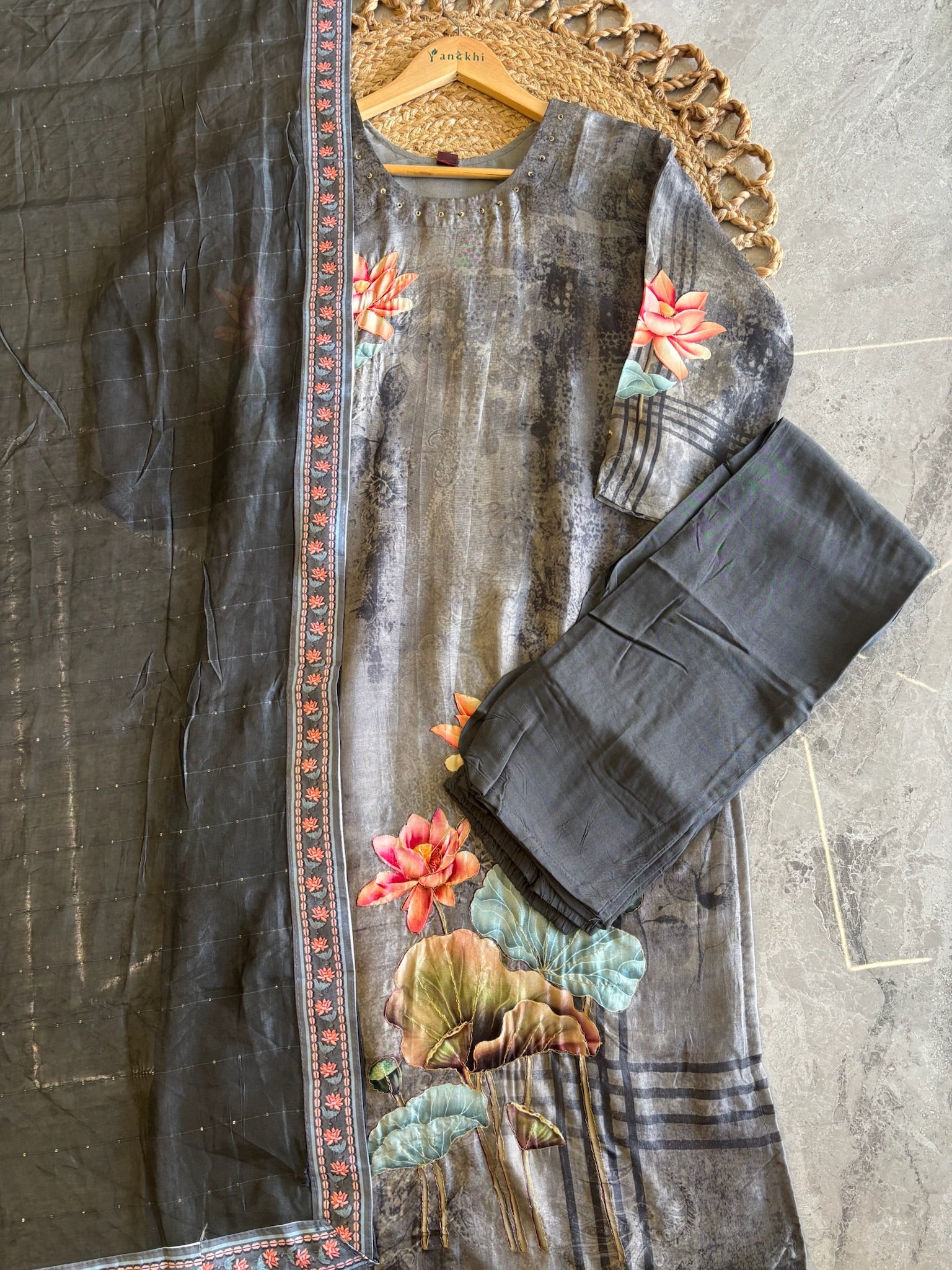 A4063 - HO Silk Digital Print Kurti with Pants & a Bordered Dupatta.