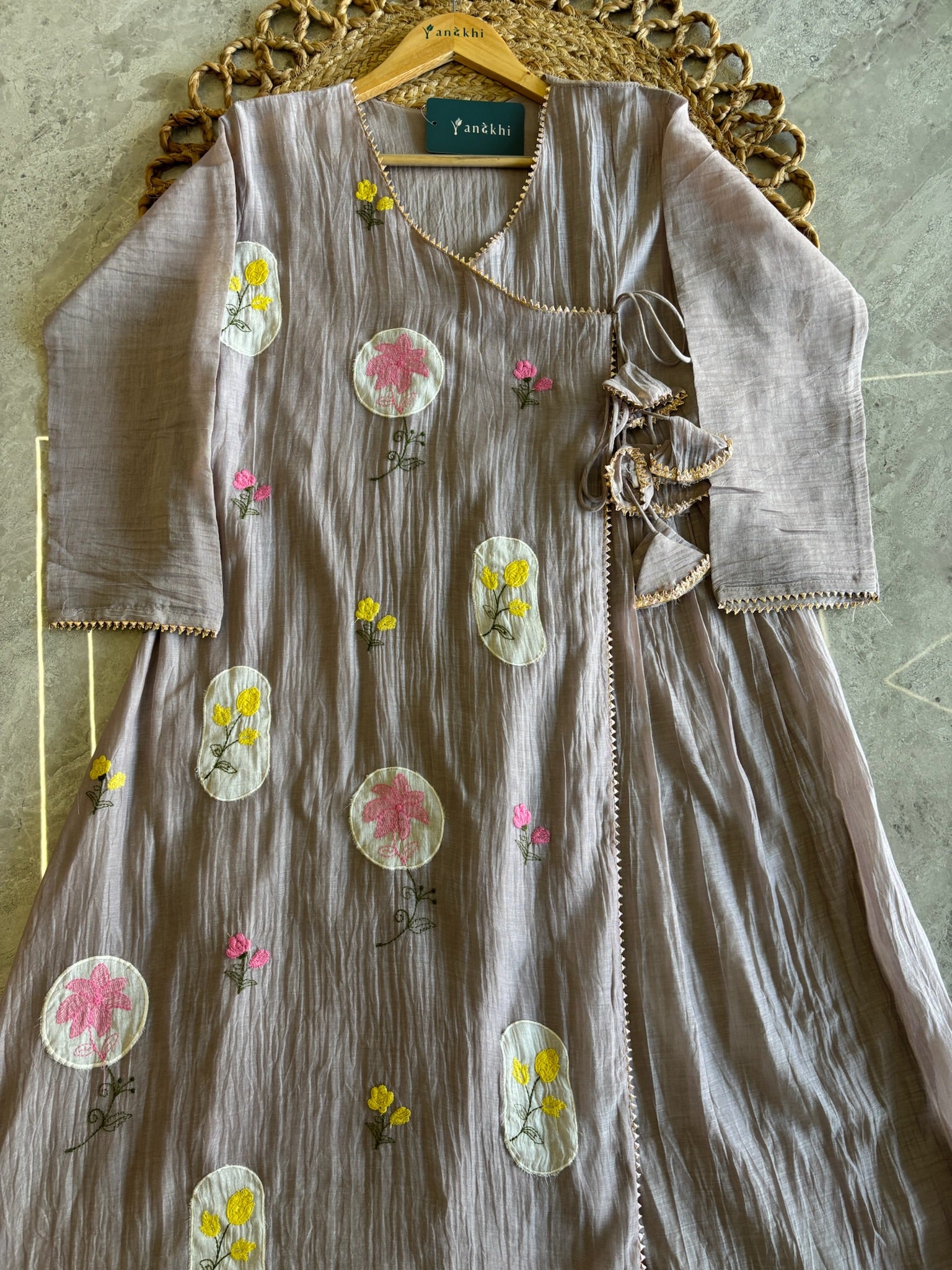 A3964 - Mul Chanderi Angrakha Suit set with delicate Embroidery, Paired with Pants and Dupatta.