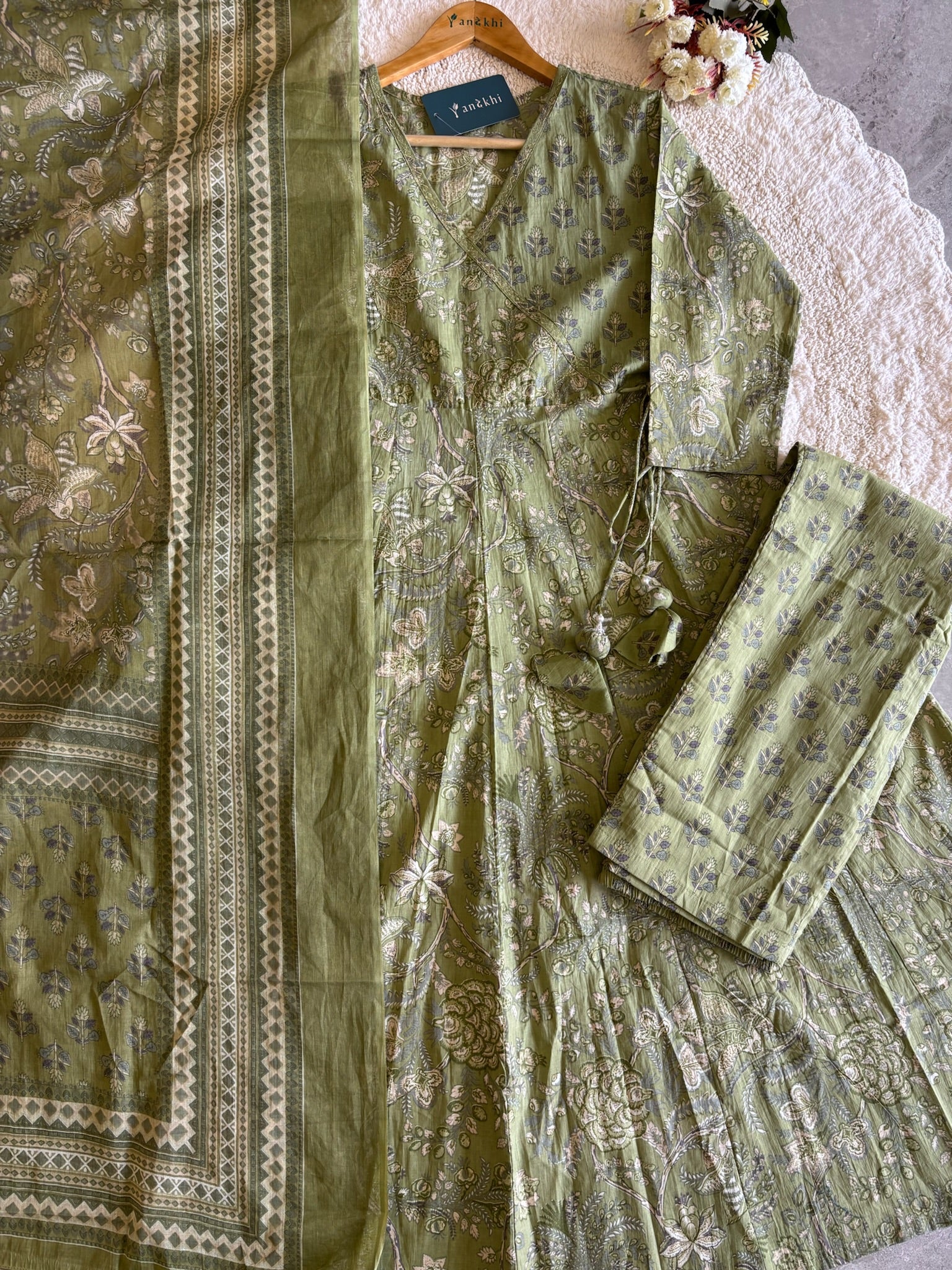 A3978- Pure Cotton Angarkha-style Anarkali Suit featuring Floral & Geometric prints, with Pants & Dupatta.