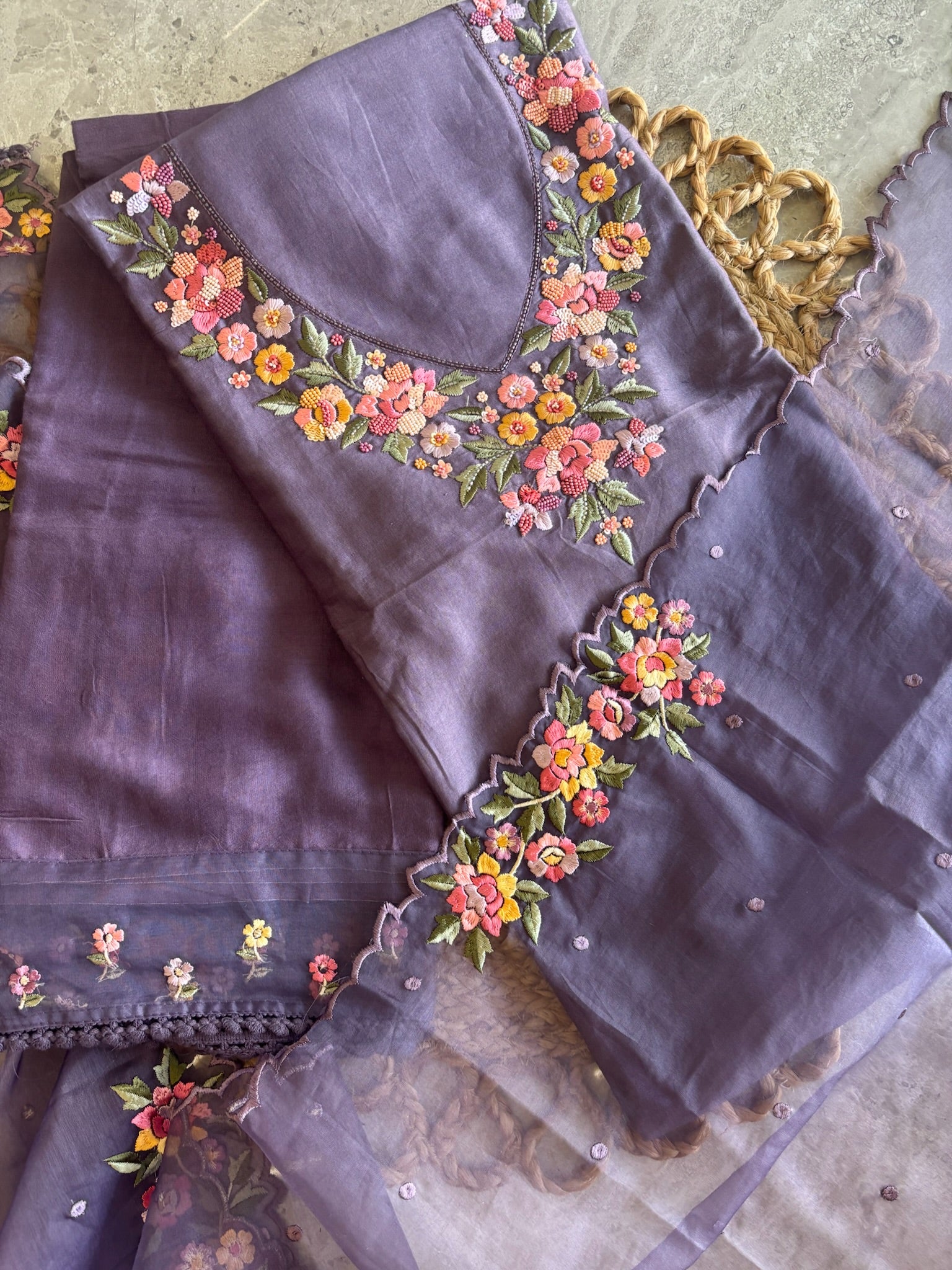 A1473 - Mul Cotton Unstitched Suit with 3D Floral Embroidery.