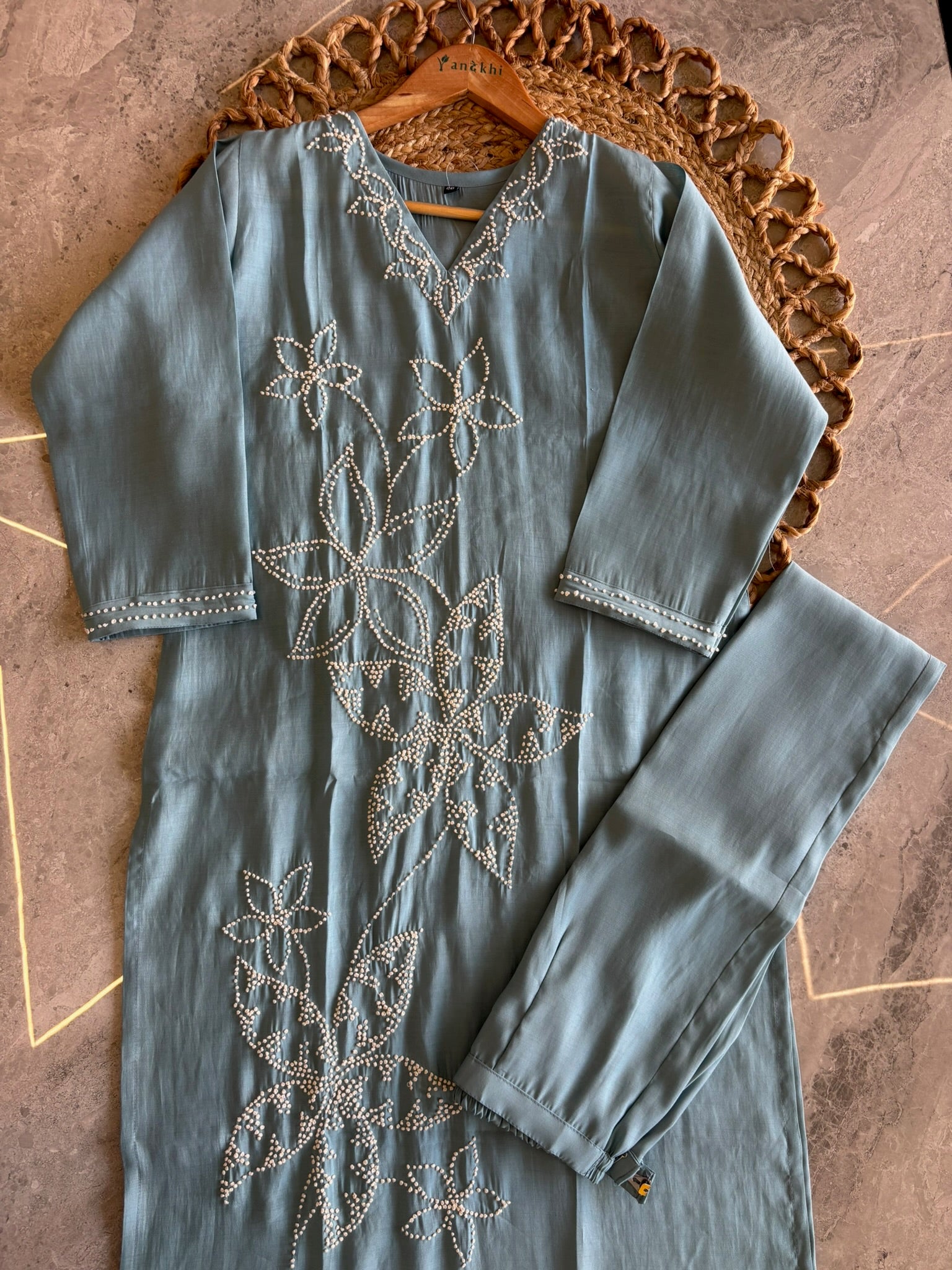 A2849 - Chanderi Silk Kurti with delicate Hand Embroidery, Pants & Dupatta.
