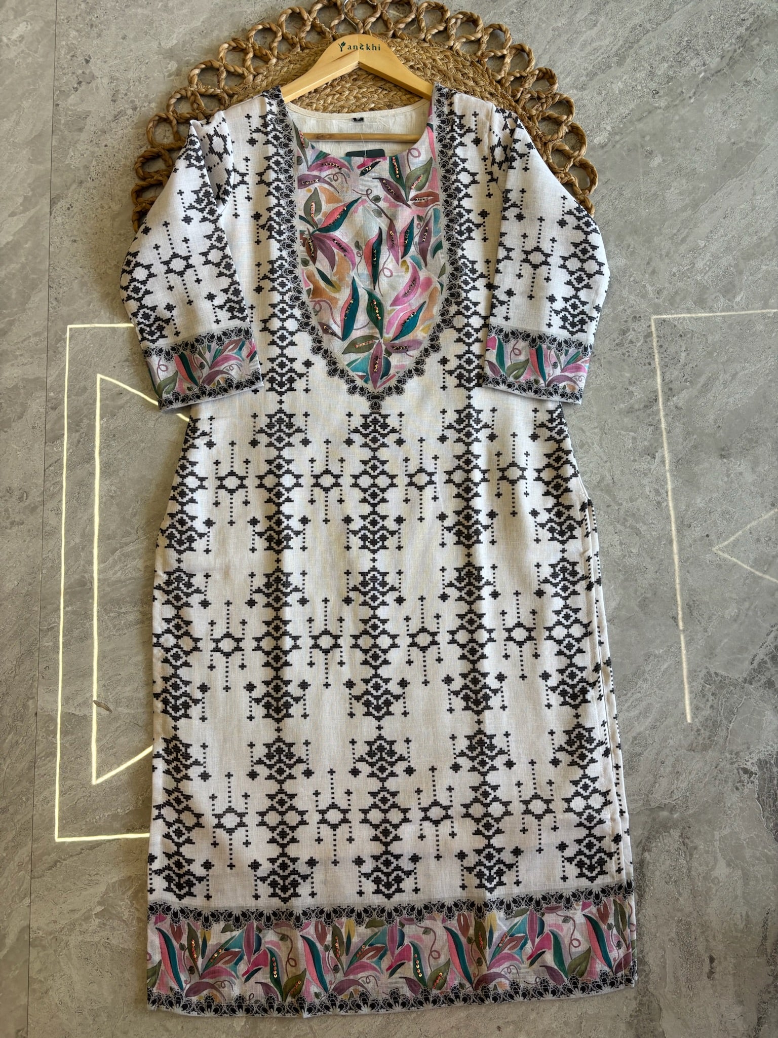 A4046- Linen Suit featuring Bold Black Geometric Prints & details, with Pants & a Printed Dupatta.
