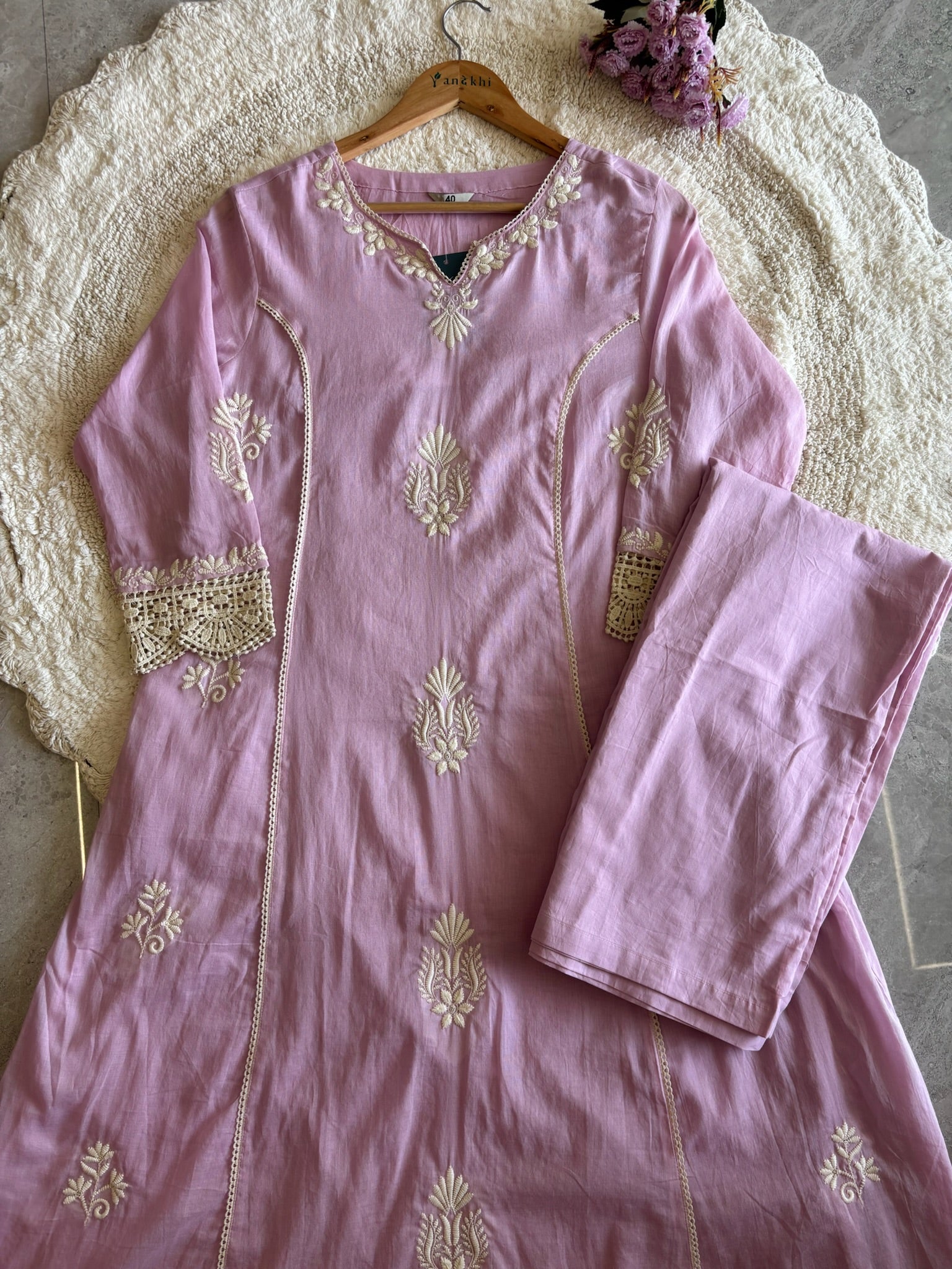 A3936- Mul Cotton Suit with delicate Embroidery & Cochet lace detailing paired with Pants & soft Dupatta.
