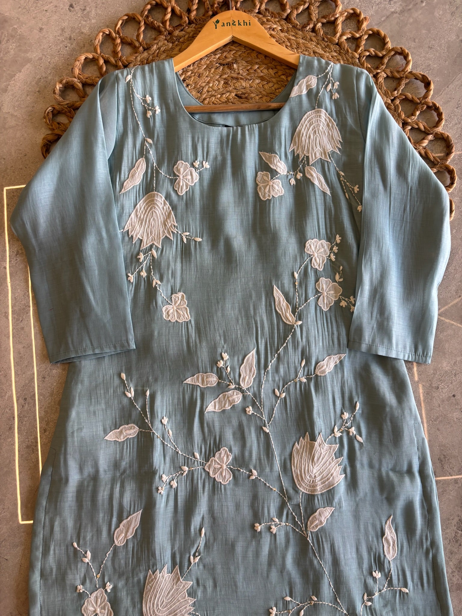 A3899 - Chanderi Silk Short Kurti with Appliqué work, Flared Plazo & Dupatta.