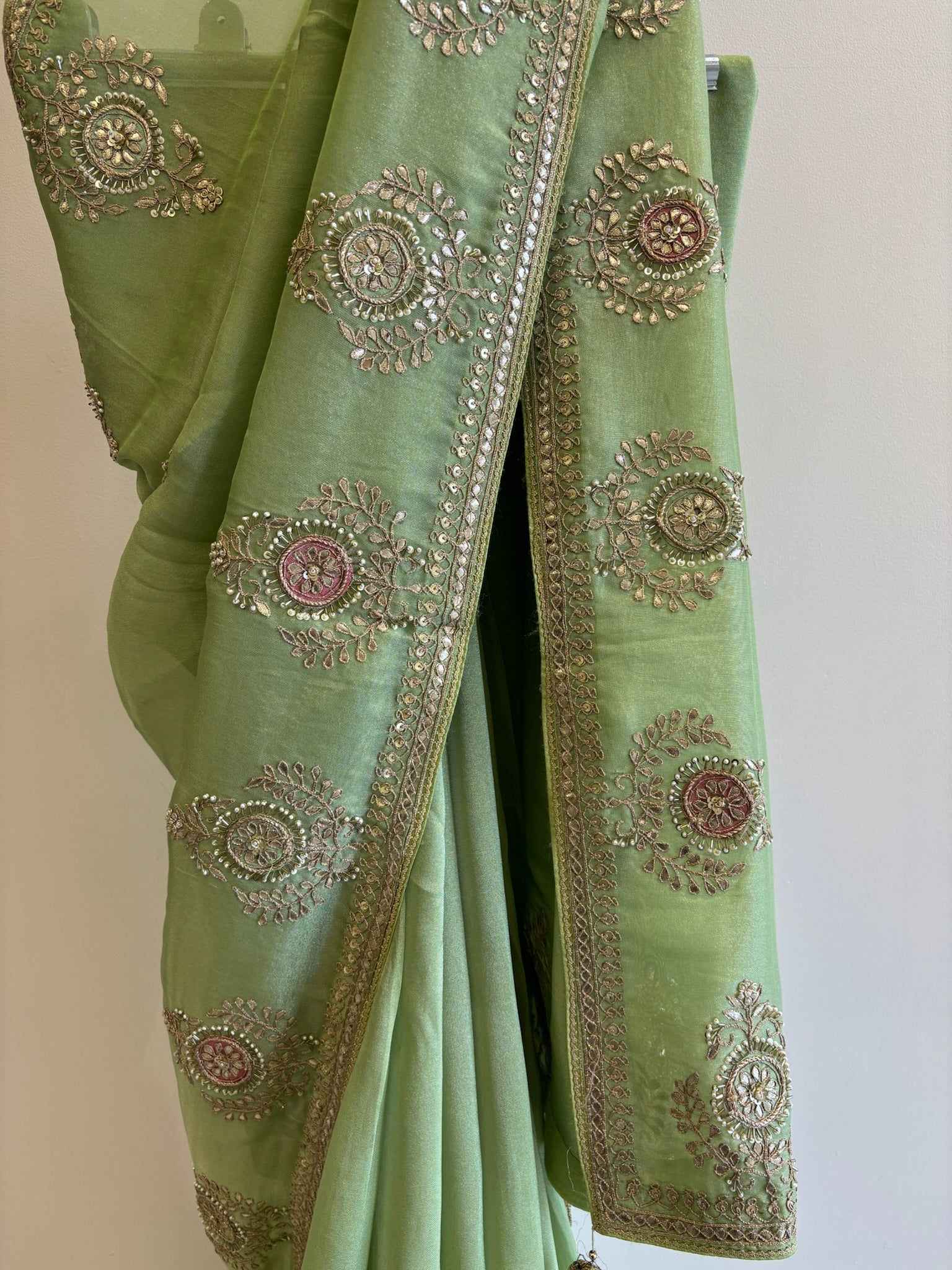 A1079 - A Pista-Green Saree with Gota, Zari, and Resham Work.