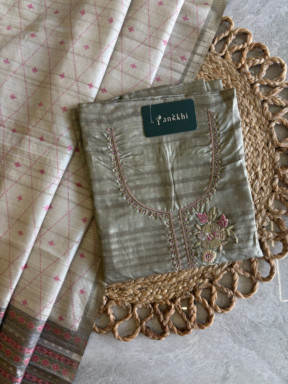 A1180 - Tussar Silk Unstitched Suit with Zardosi Handwork