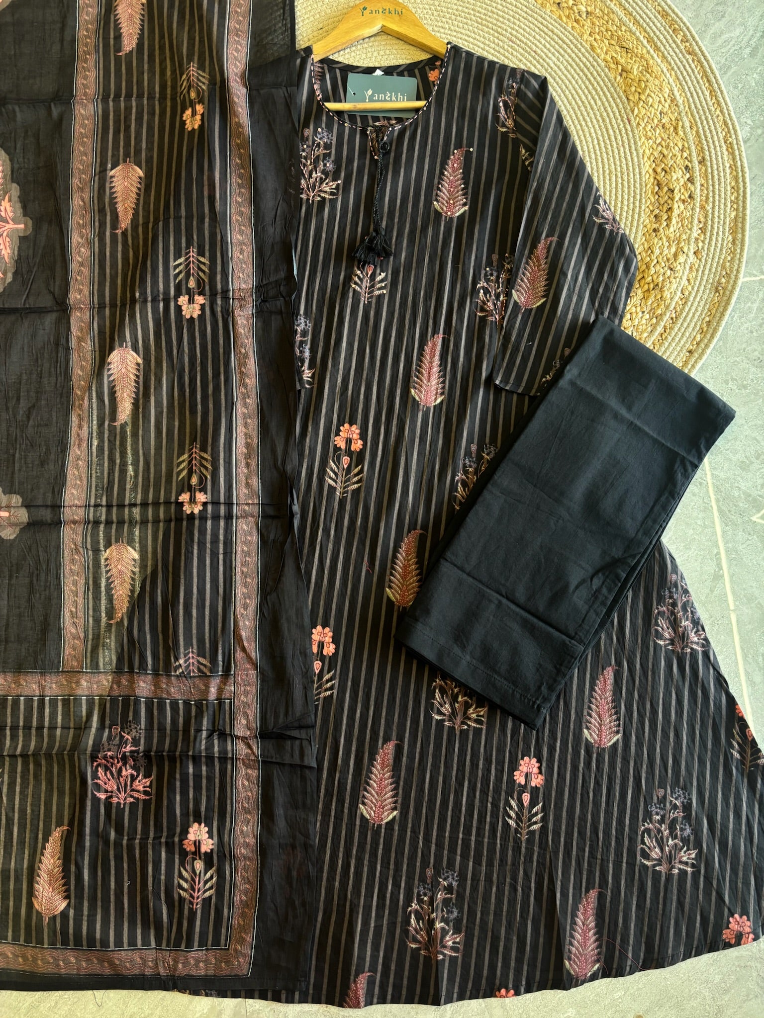 A4019- Pure Cotton A-Line Suit with Elegant Striped Patterns, Delicate Floral Prints, with Pants & Dupatta.