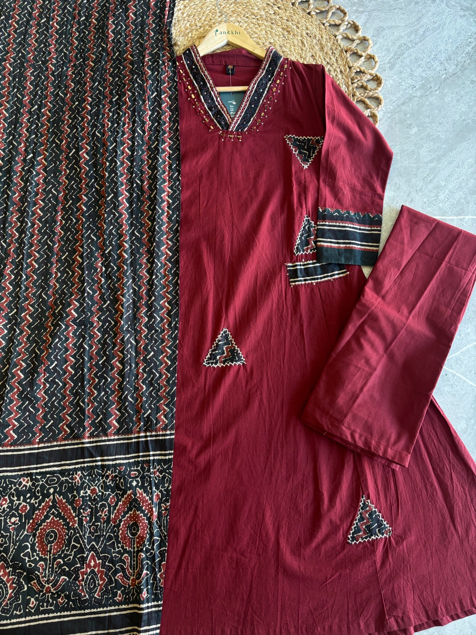 A4057 - Pure Cotton Kurti with Patchwork Details Printed Dupatta & Pants.