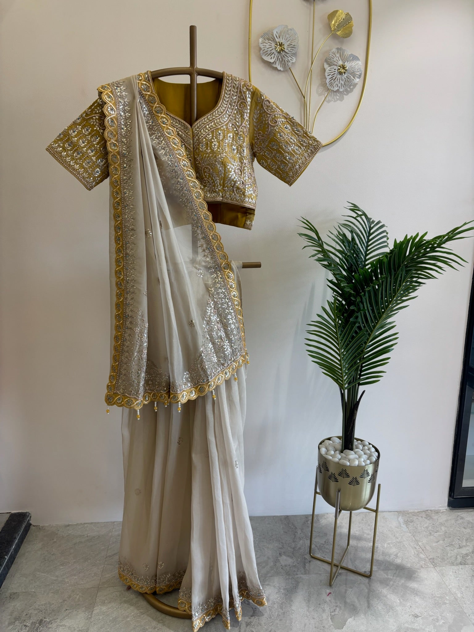 A1519 - Ivory Tissue Saree with Contrast Heavy Handwork Gota Blouse