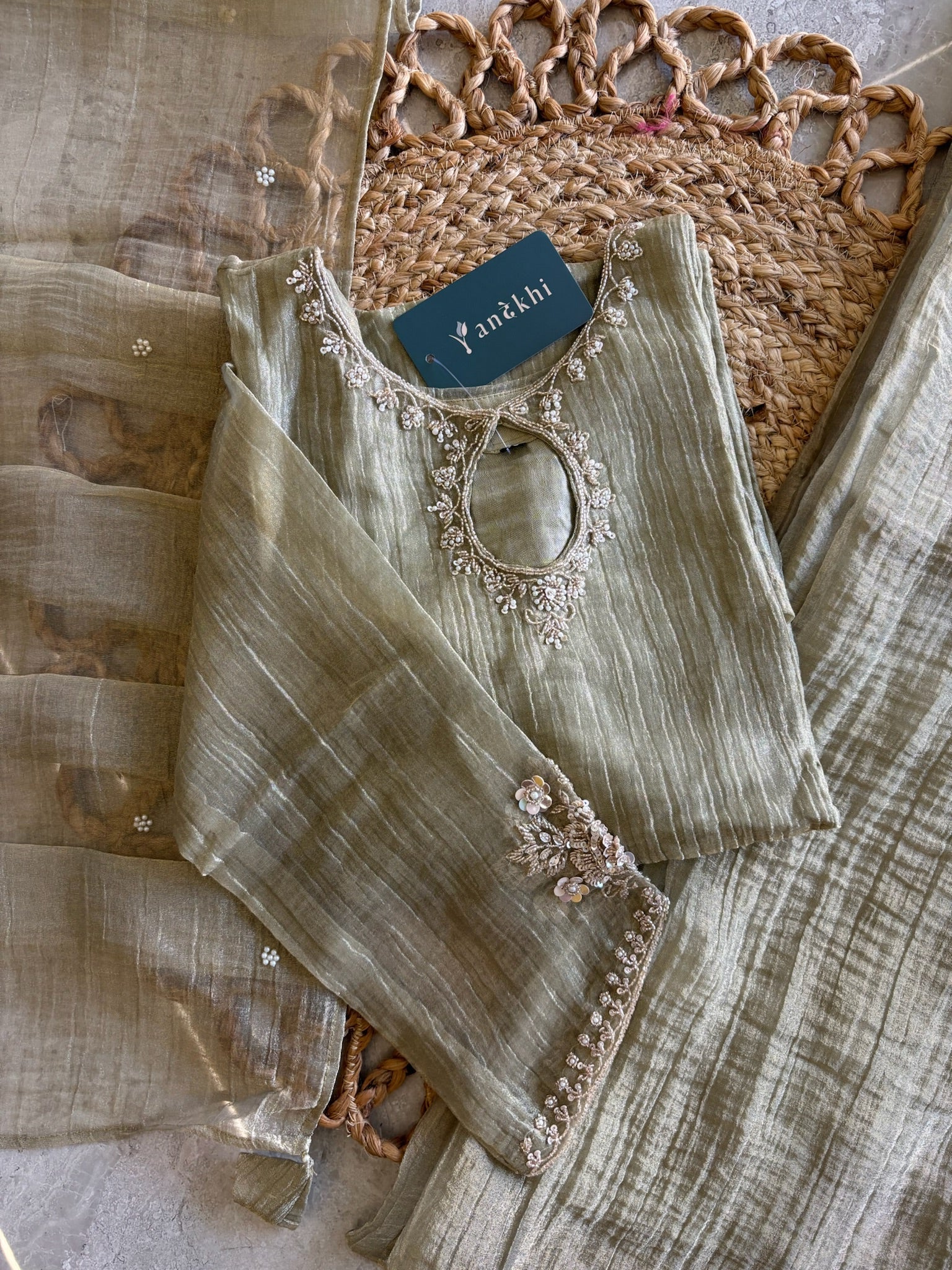 A4140 - Crush Glass Tissue  Handwork Short Kurti with Divider Pants & Dupatta.