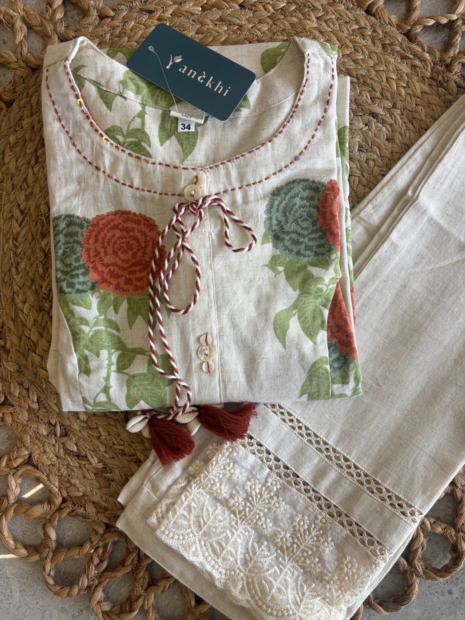 A4036 - Khadi Cotton Kurti & Pant set with lace detailed sleeves.