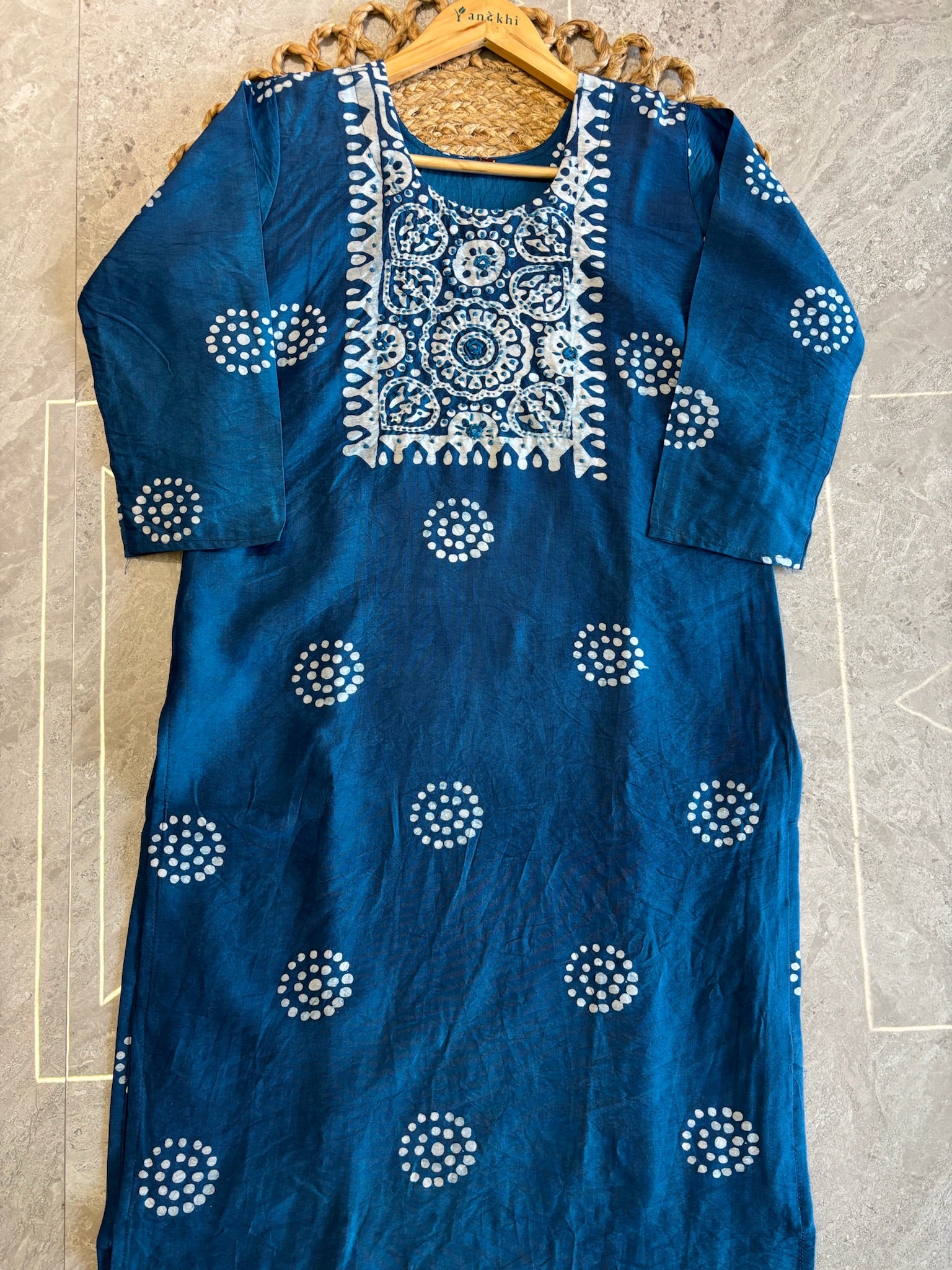 A3903- Hand Block Batik Print Silk Kurti with Pants & Dupatta.