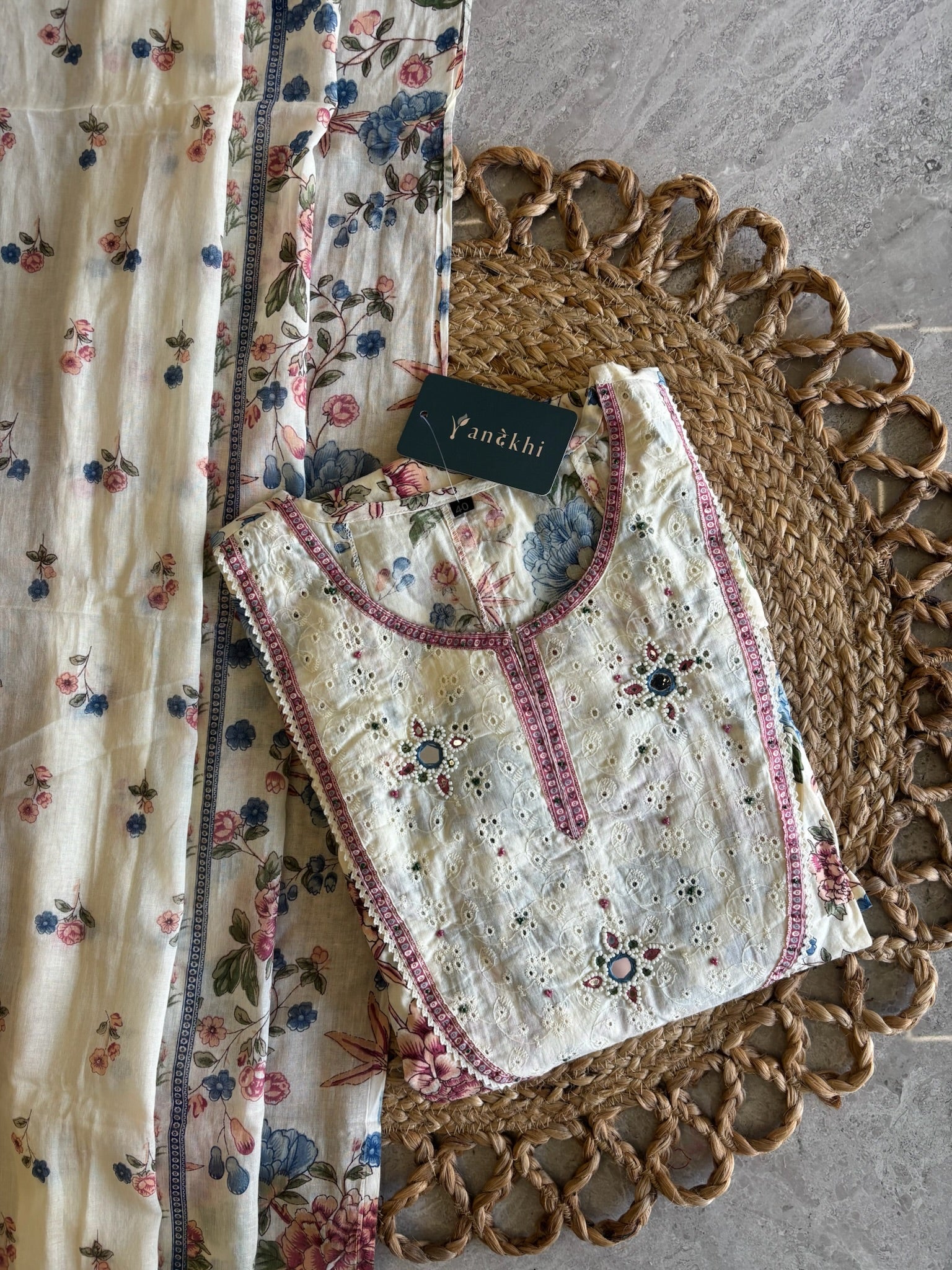 A4012 - Pure Cotton Anarkali with minimal Neckline detailing, Pants and Dupatta.