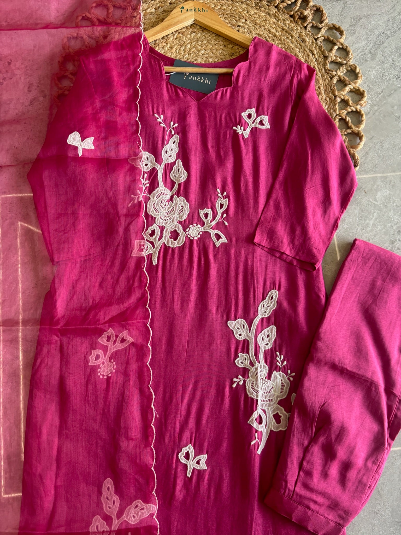 A1581- Dola Silk Kurti with Appliqué work, Pants & Dupatta with Scalloped edging.