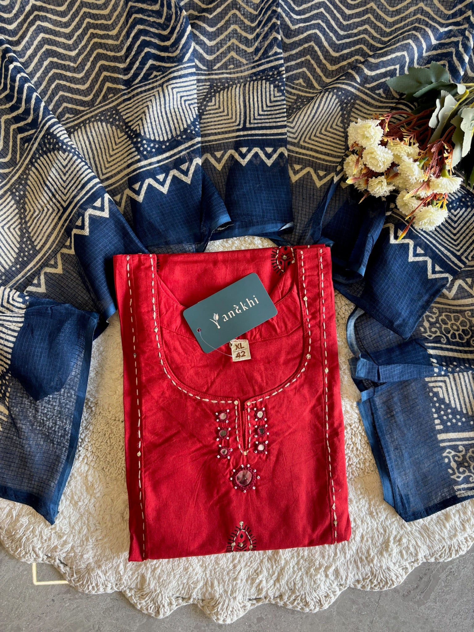 A4009- Pure Cotton Solid Kurti with minimal Katha Embroidery, Mirror Work & Applique Detailing matching Pants & Contrast Kota Doriya Dupatta.