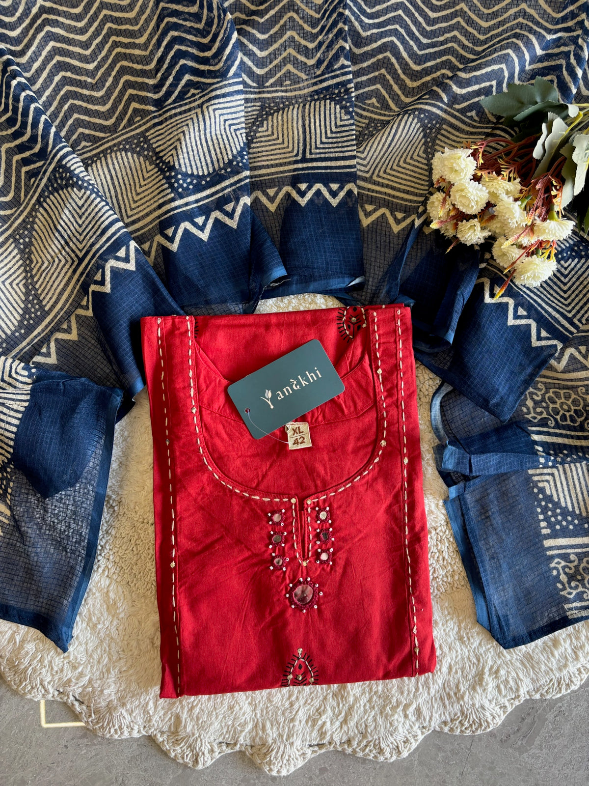 A4009- Pure Cotton Solid Kurti with minimal Katha Embroidery, Mirror Work & Applique Detailing matching Pants & Contrast Kota Doriya Dupatta.