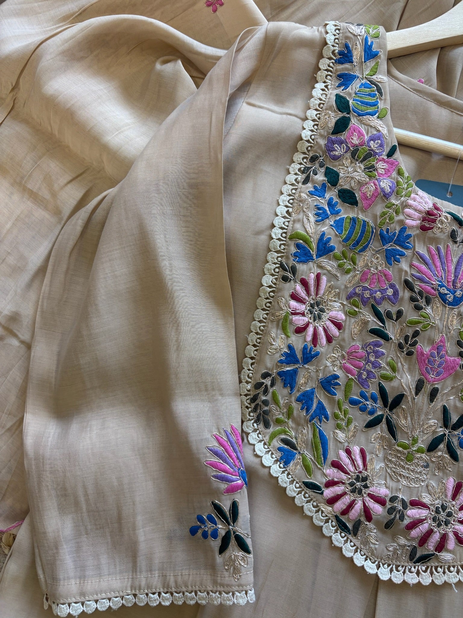 A1643 - Mul Chanderi Kurti, featuring Vibrant Embroidered yoke detailing, a flowy Dupatta & Pants.
