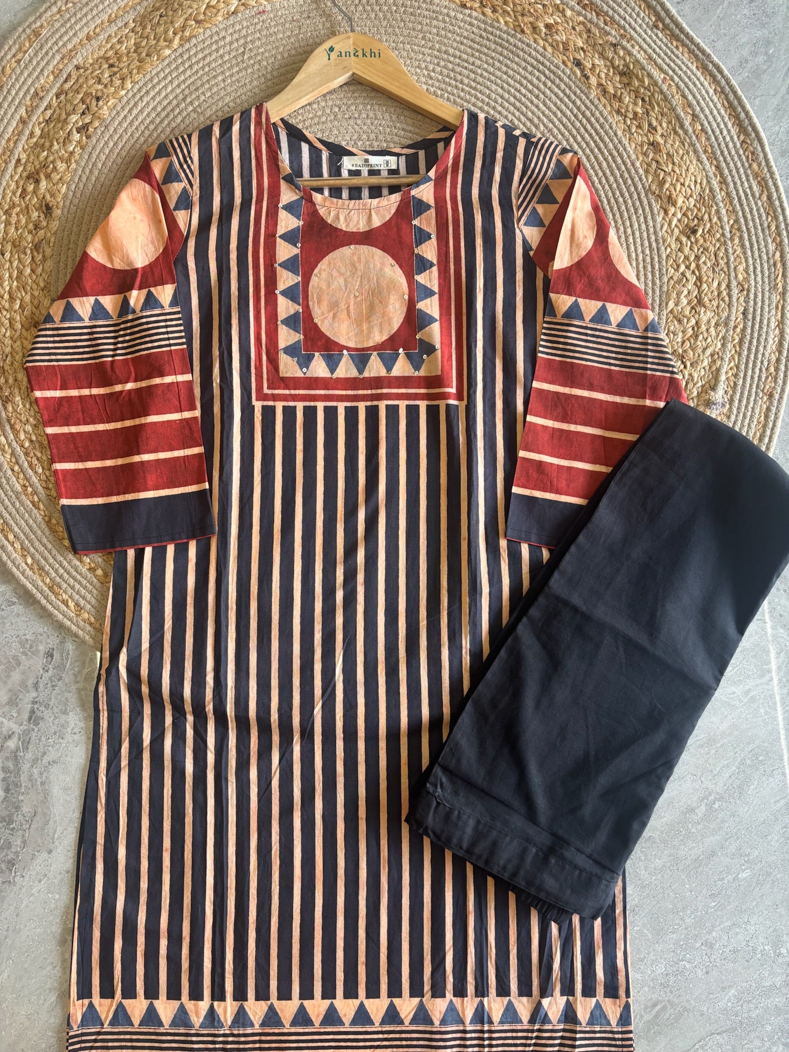 A4032- Pure Cotton Suit featuring Bold Geometric Stripes, Circular Motifs, matching Pants & Dupatta.