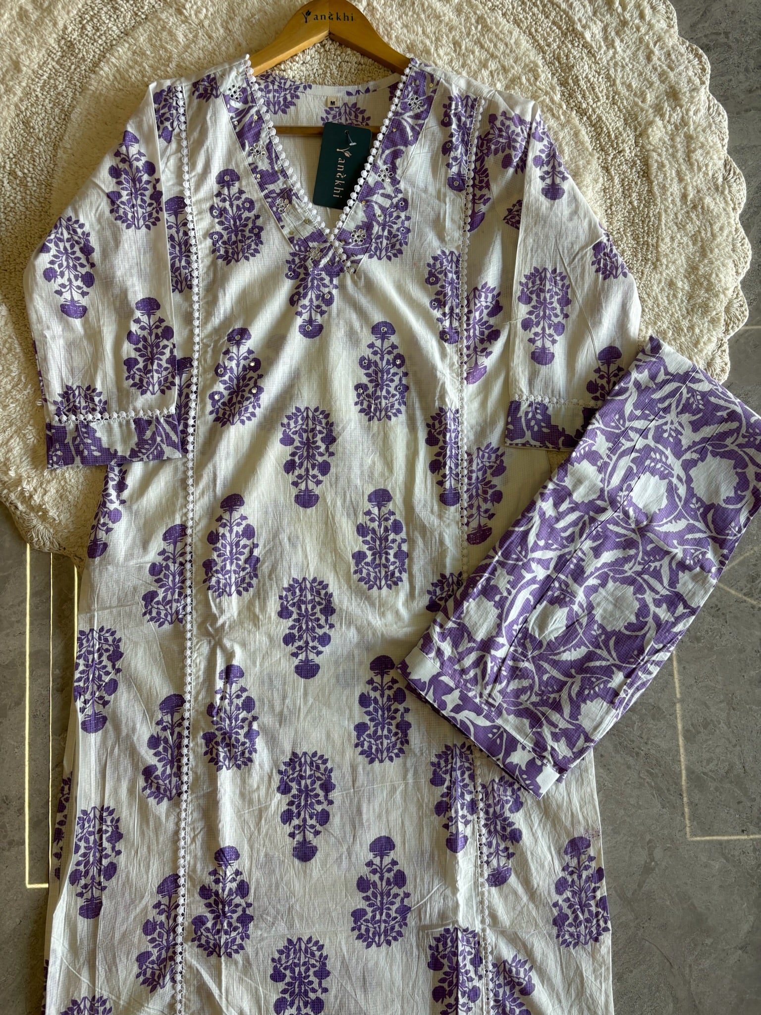A4025- Pure Cotton Suit featuring Block-Printed Floral Motifs, delicate Lace detailing, matching Pants & Dupatta.