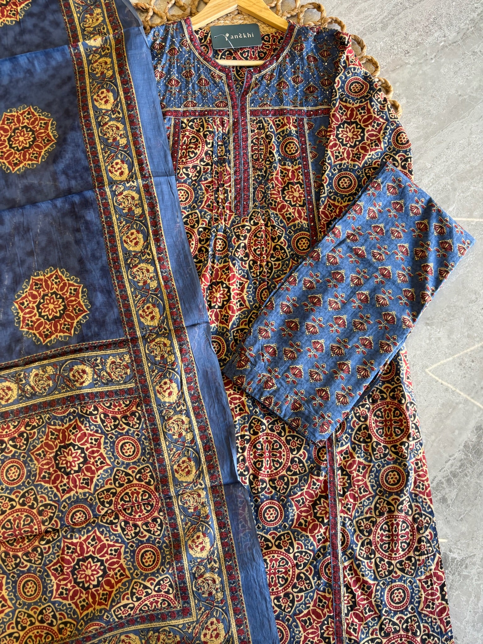 A3902 - Pure Cotton Ajrakh Print Suit with Contrast Bottoms and a Coordinated Dupatta.
