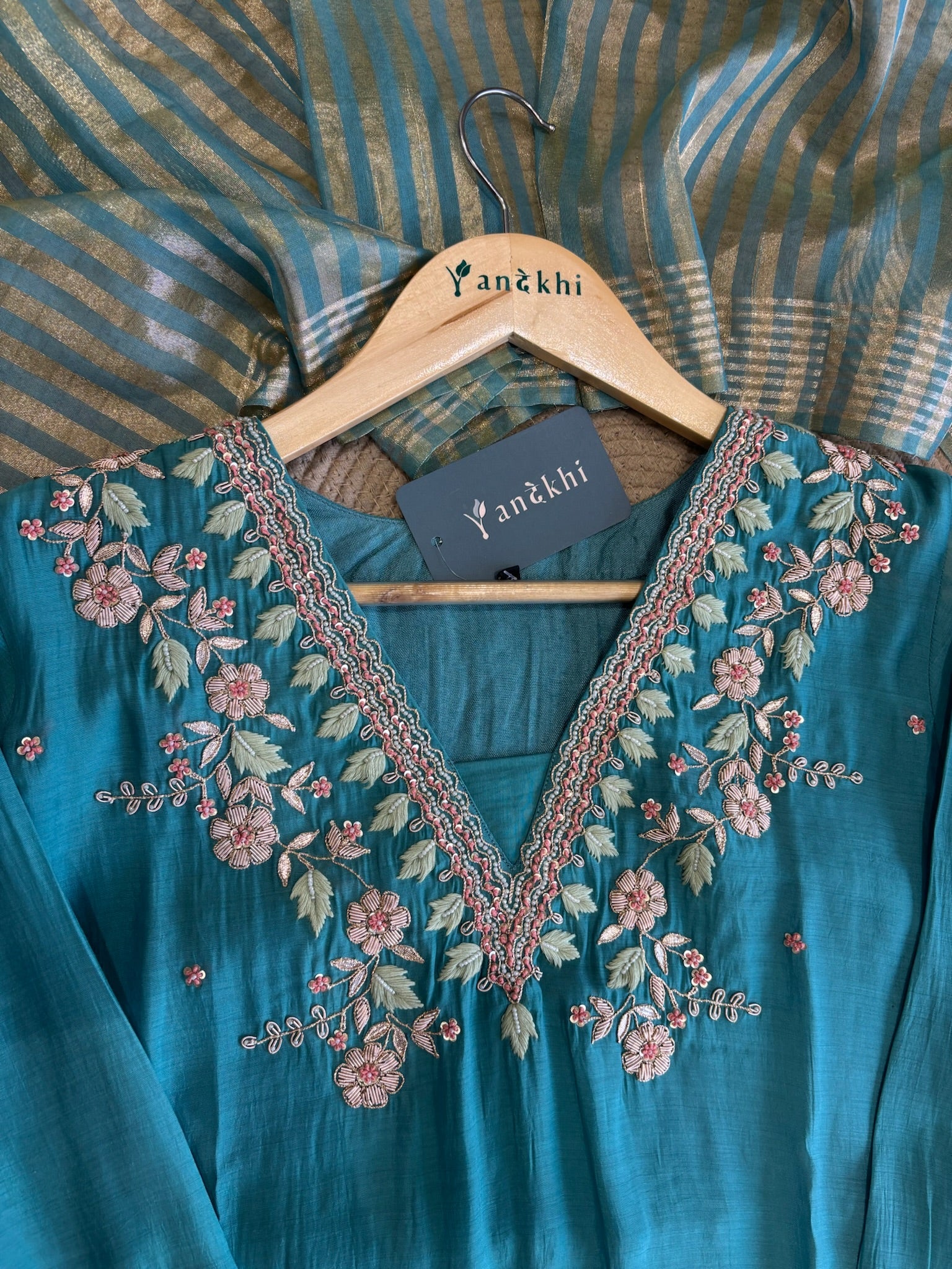 A1665 - Mul Chanderi Kurti with Handwork detailing, Striped Tissue Dupatta & Pants.