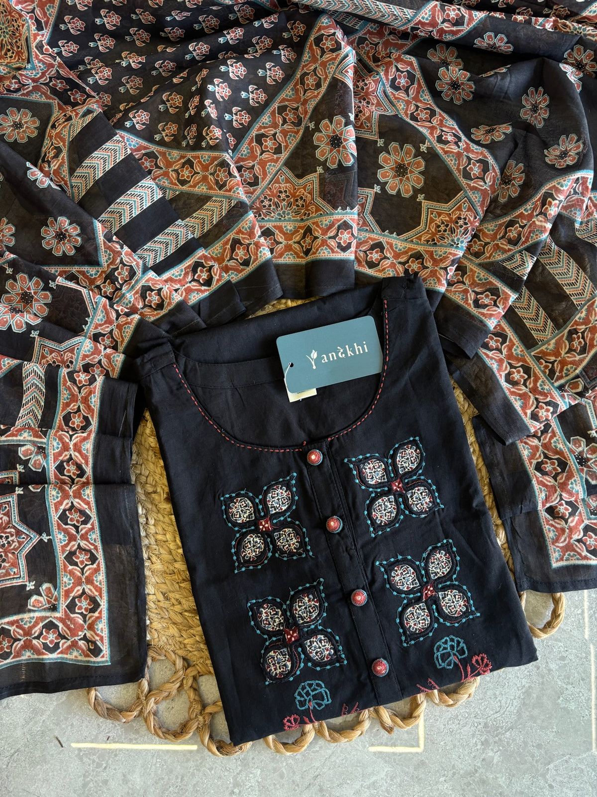 A4035 - Black Embroidered Suit set with a Statement Patchwork Printed Dupatta.