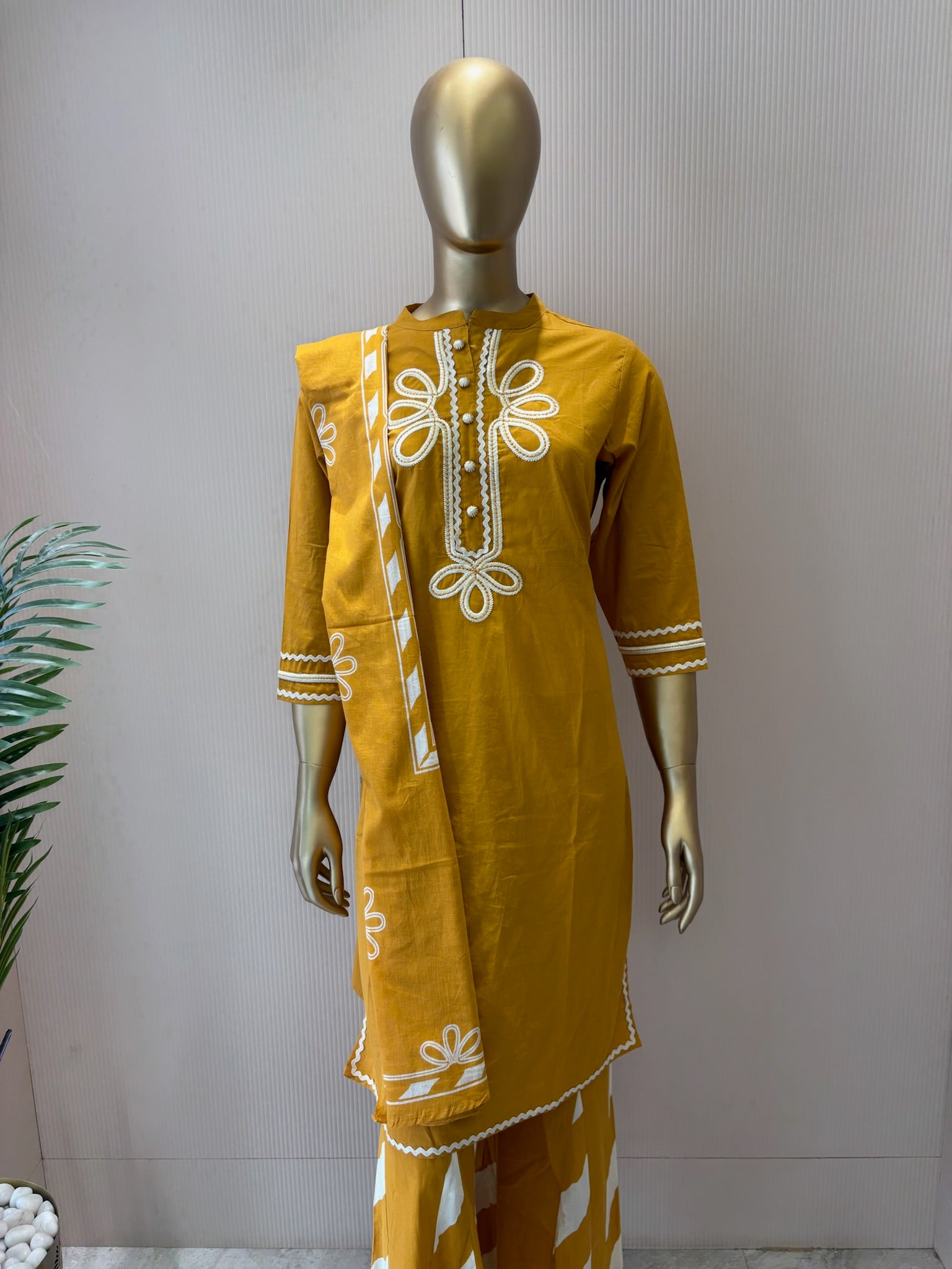 A2785 - Cotton Suit with Embroidered Neck, Designer Bell Bottoms & Printed Dupatta.