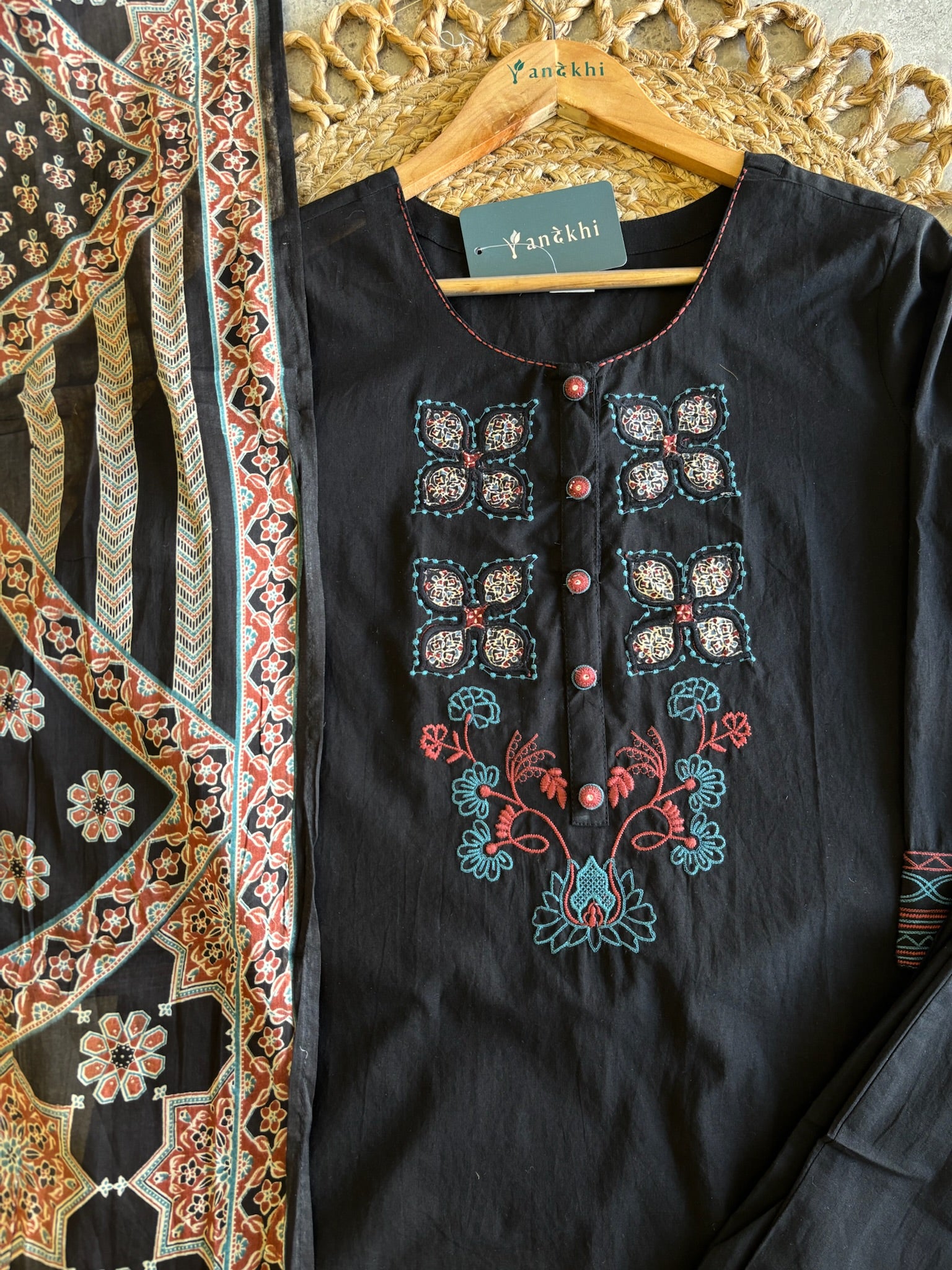 A4035 - Black Embroidered Suit set with a Statement Patchwork Printed Dupatta.