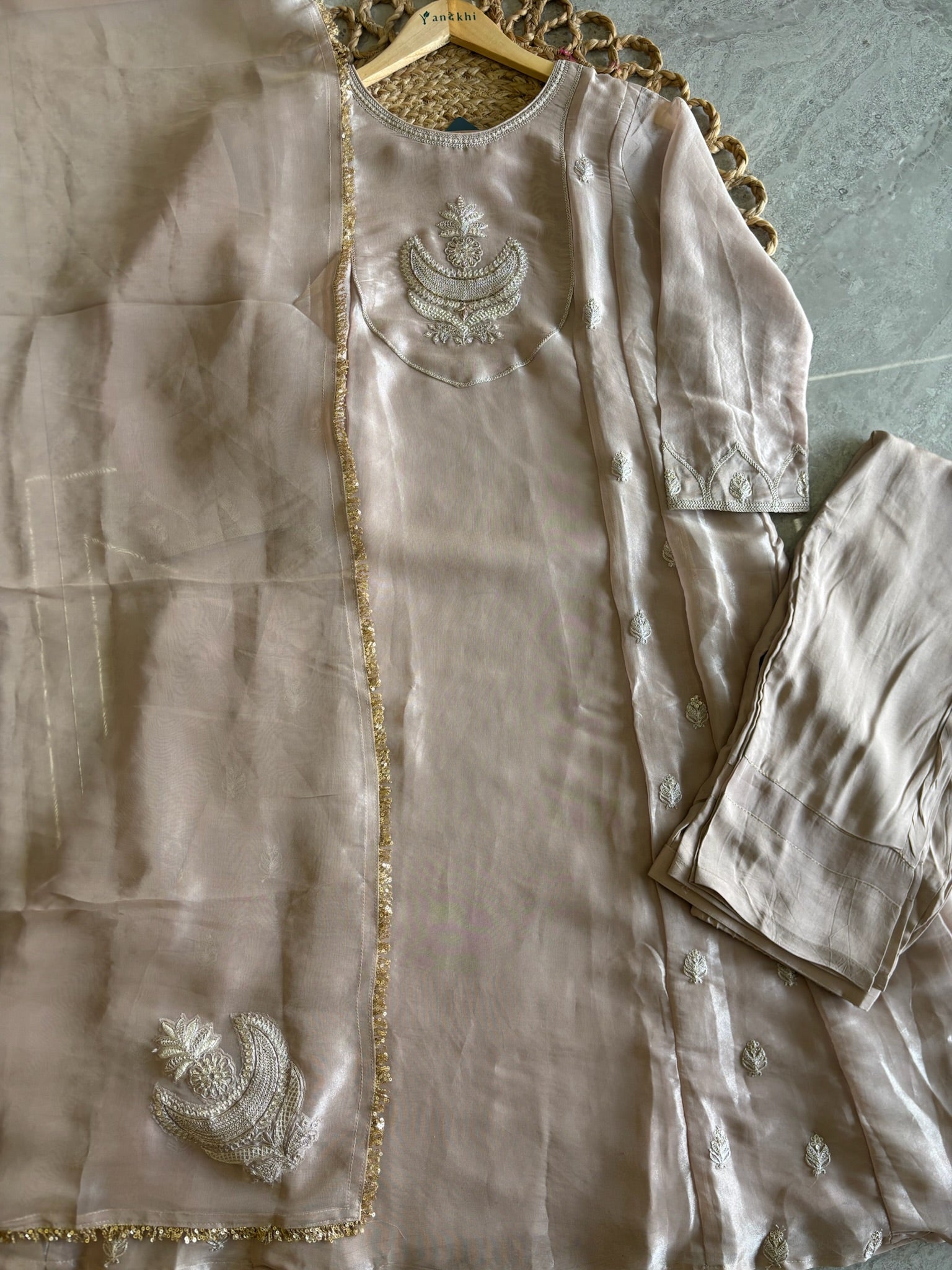 A4152- Tissue Silk Zari Anarkali Set with Zari Embroidery on the yoke & Booti all over, with Pants & Dupatta