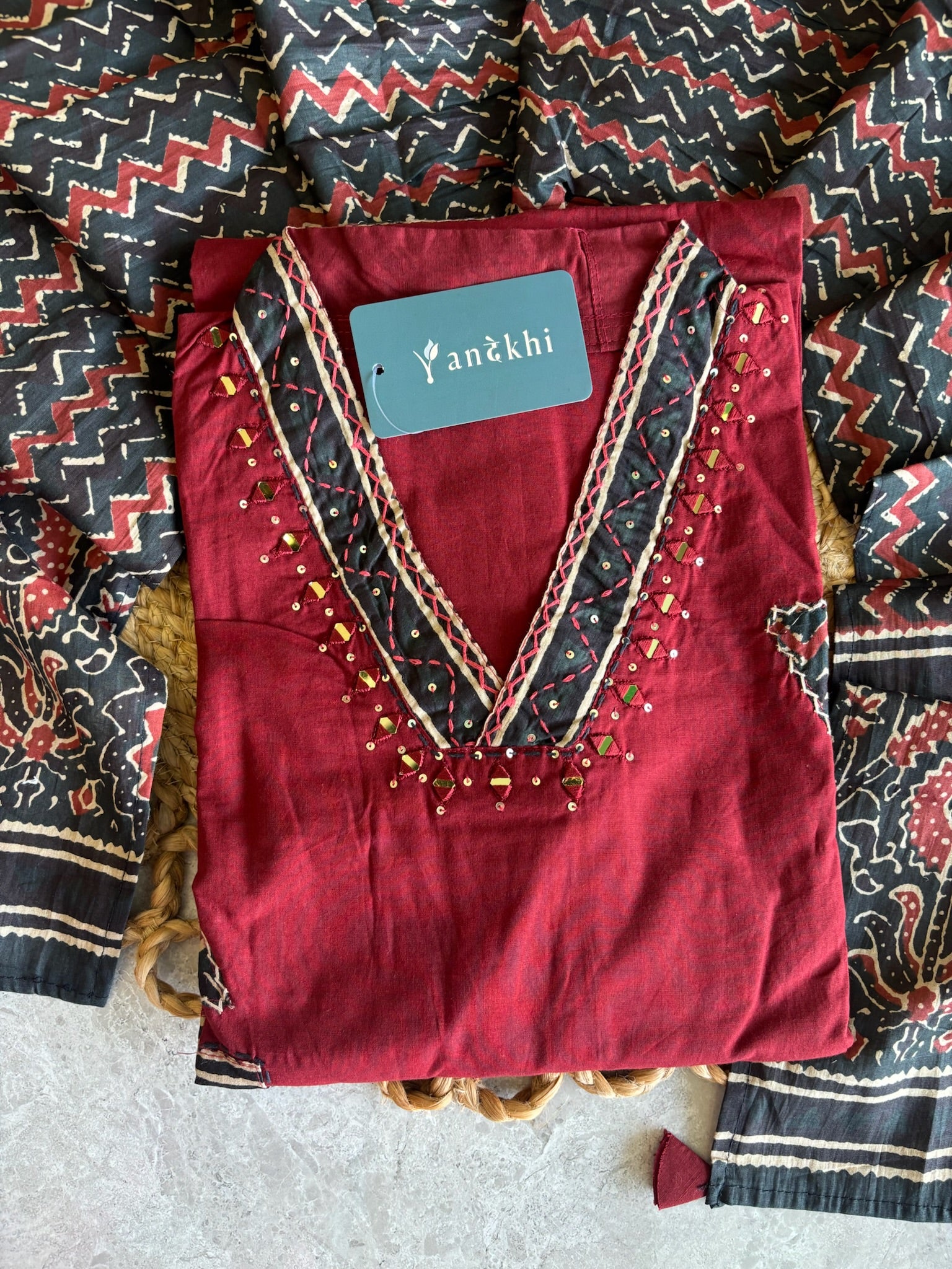 A4057 - Pure Cotton Kurti with Patchwork Details Printed Dupatta & Pants.