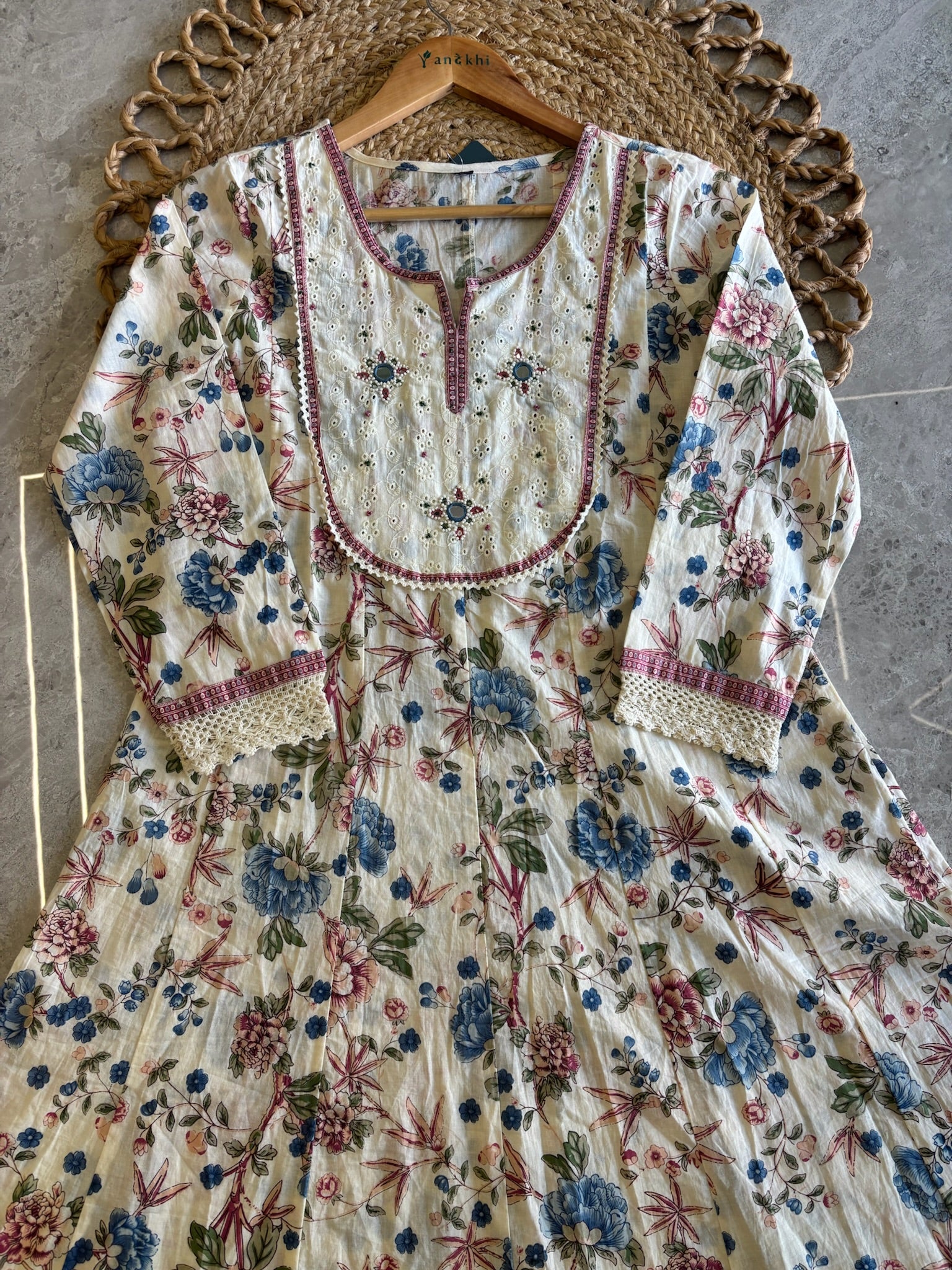 A4012 - Pure Cotton Anarkali with minimal Neckline detailing, Pants and Dupatta.