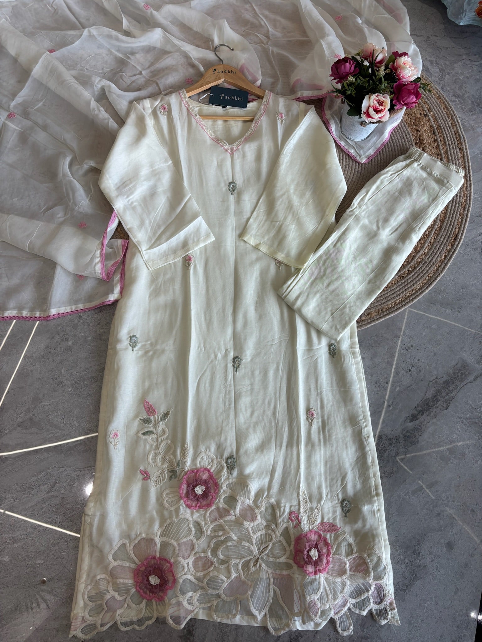 A1597 - Ivory Russian Silk Kurta Set with 3D Floral Appliqué
