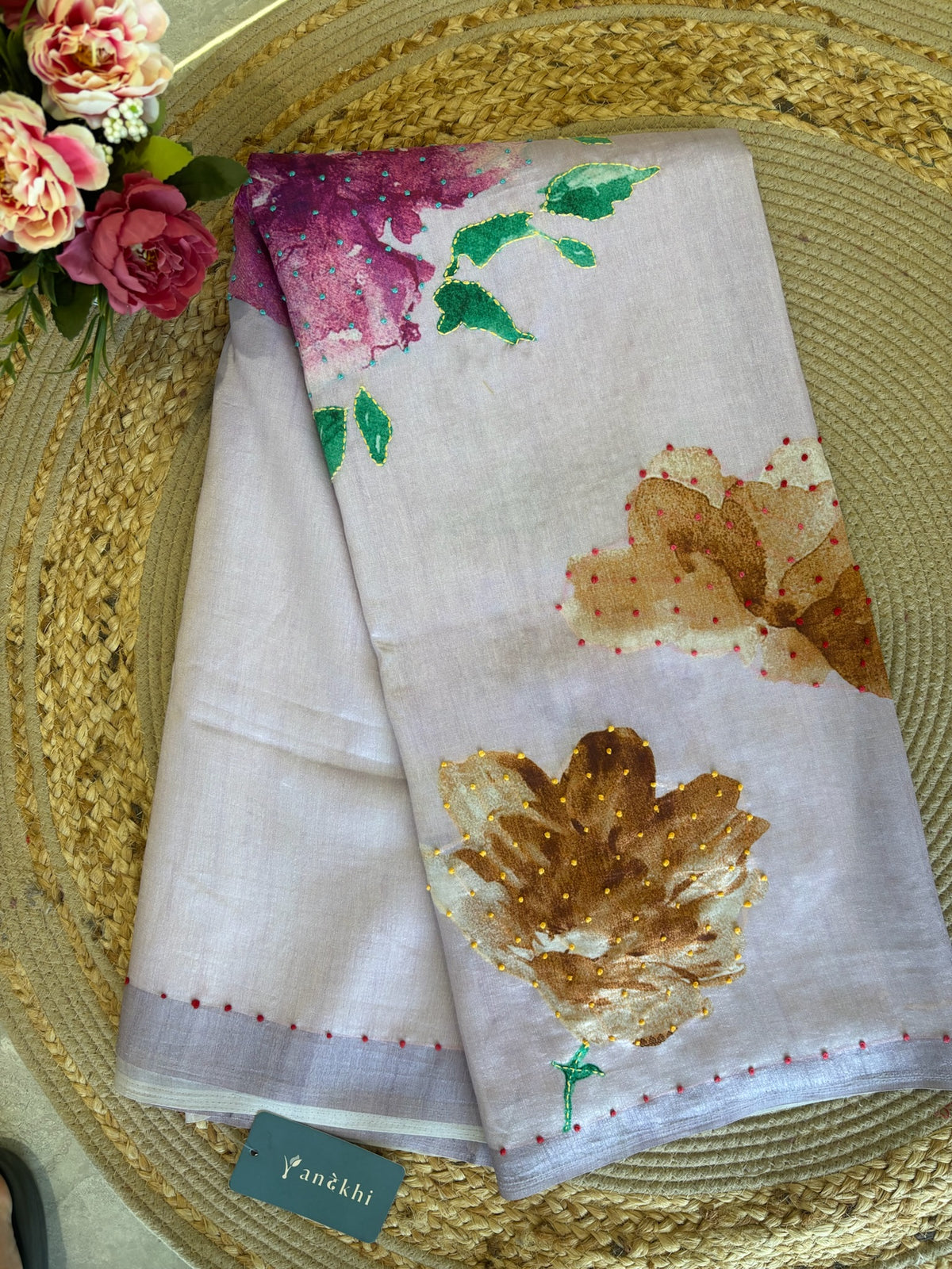 A2654 - Soft Silk Saree with Digital Floral Print and kantha work