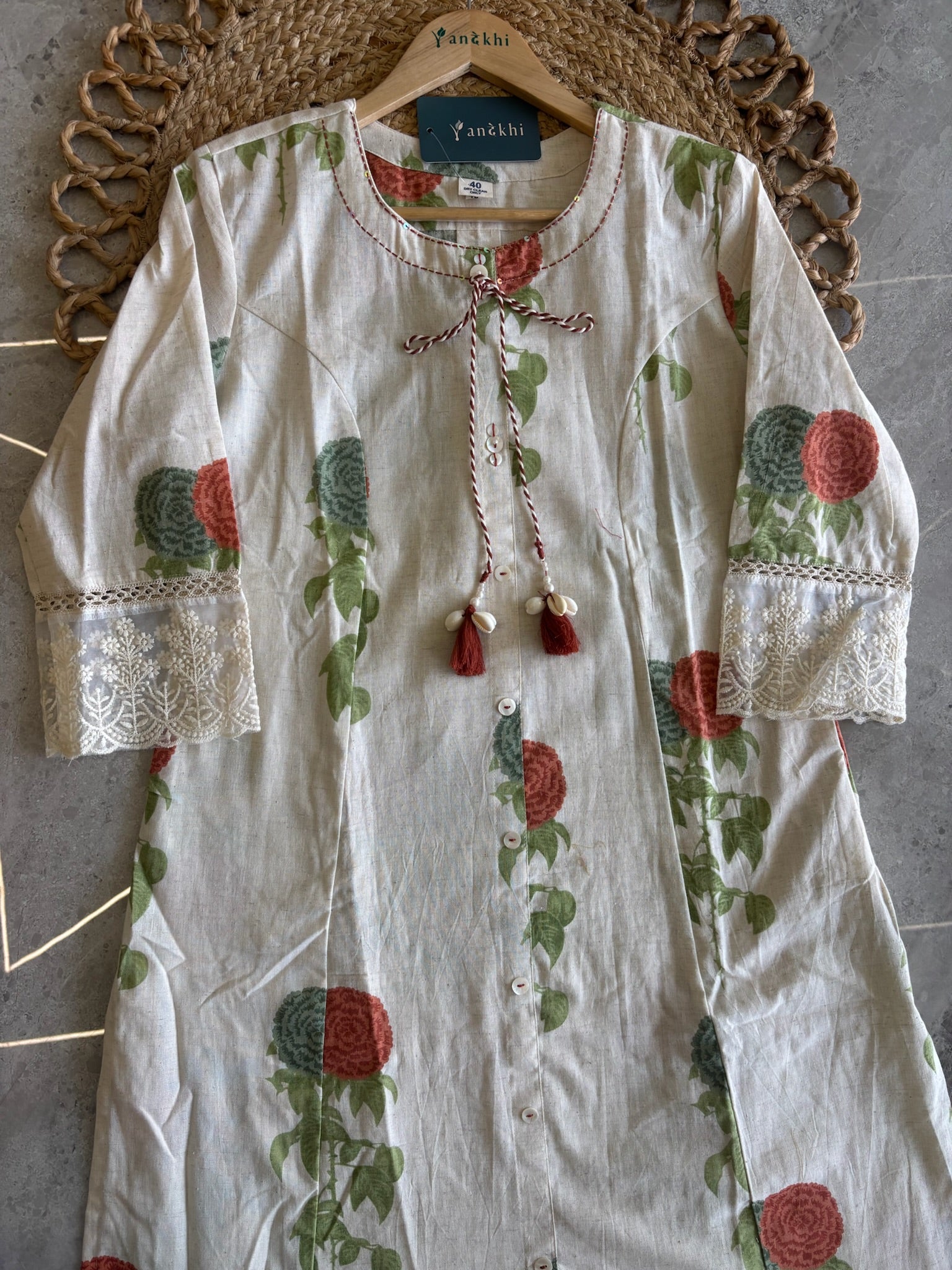 A4036 - Khadi Cotton Kurti & Pant set with lace detailed sleeves.