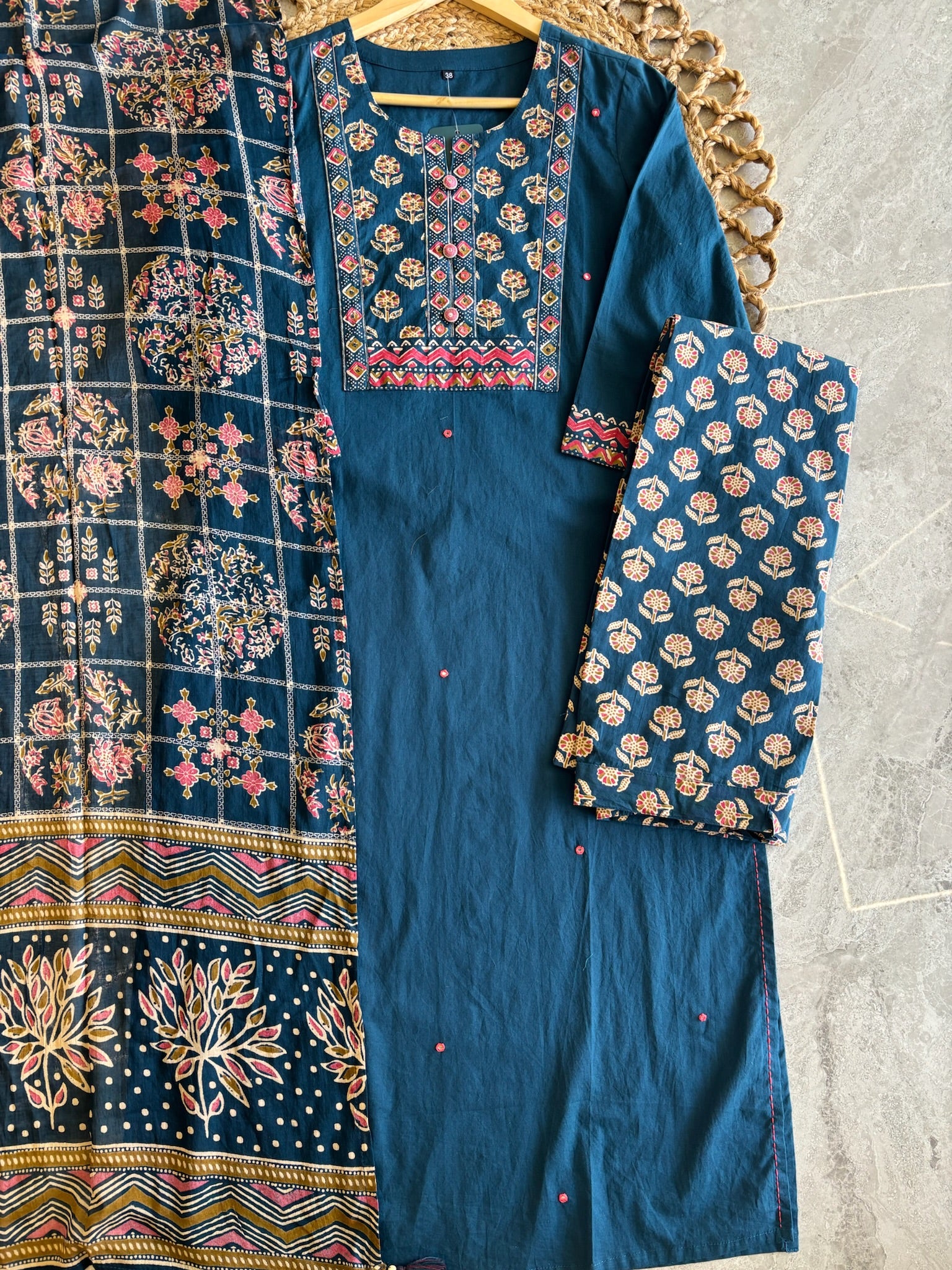 A2812 - Pure Cotton straight Kurti with york detailing, printed Pants and Dupatta.