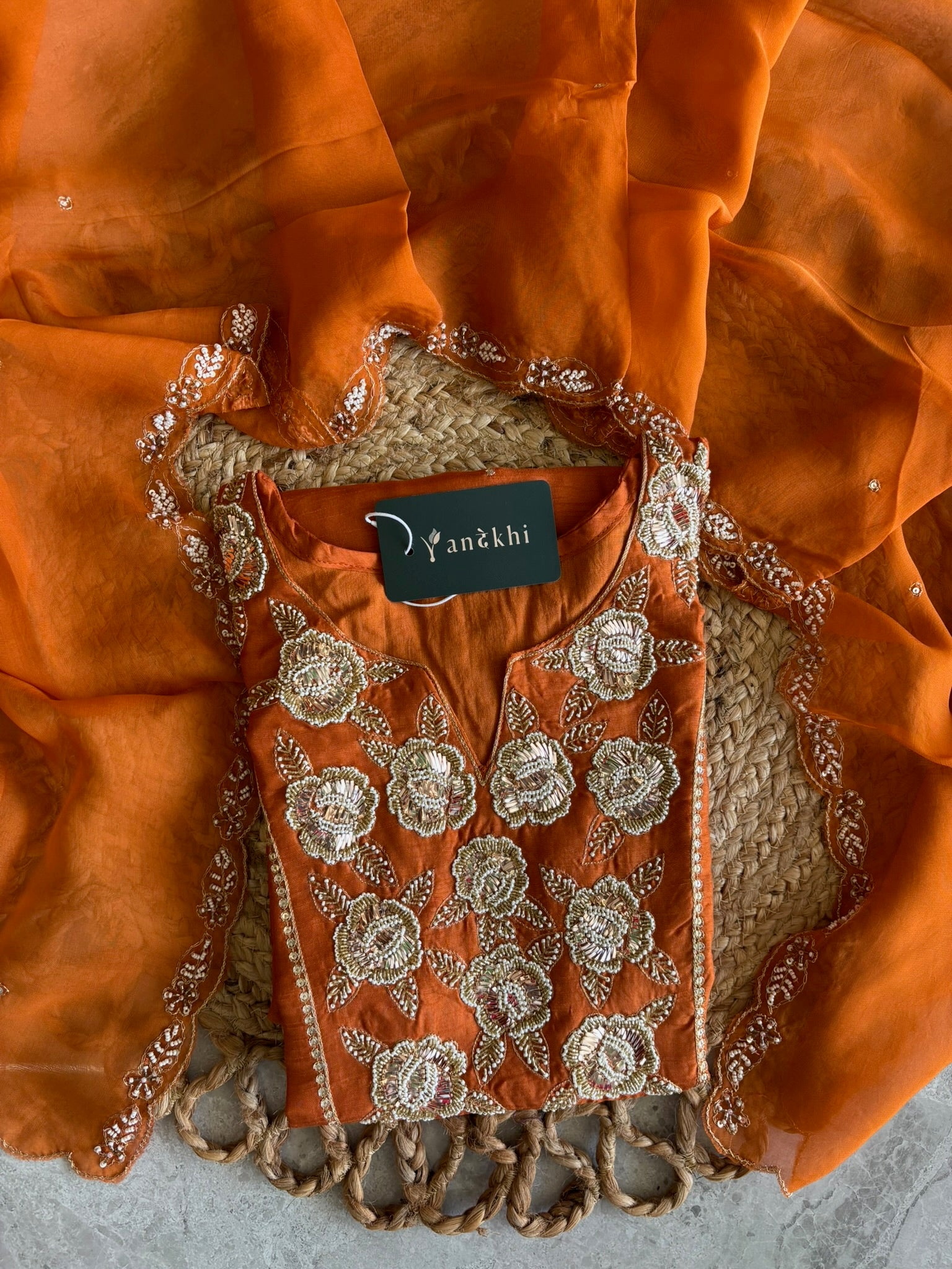 A1557 - Pure Dola Silk Kurti with Intricate 3D Handwork Zardosi detailing, paired with Pants & Organza Dupatta