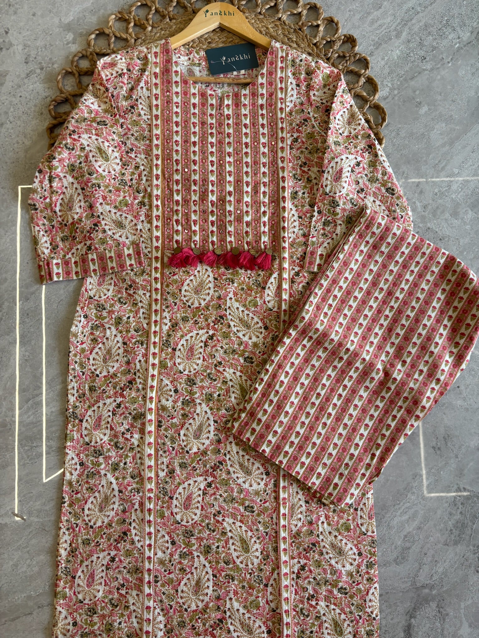 A4047- Pure Cotton Suit with Mirror & Tassel details, Pants & Contrast Kota Doriya Dupatta