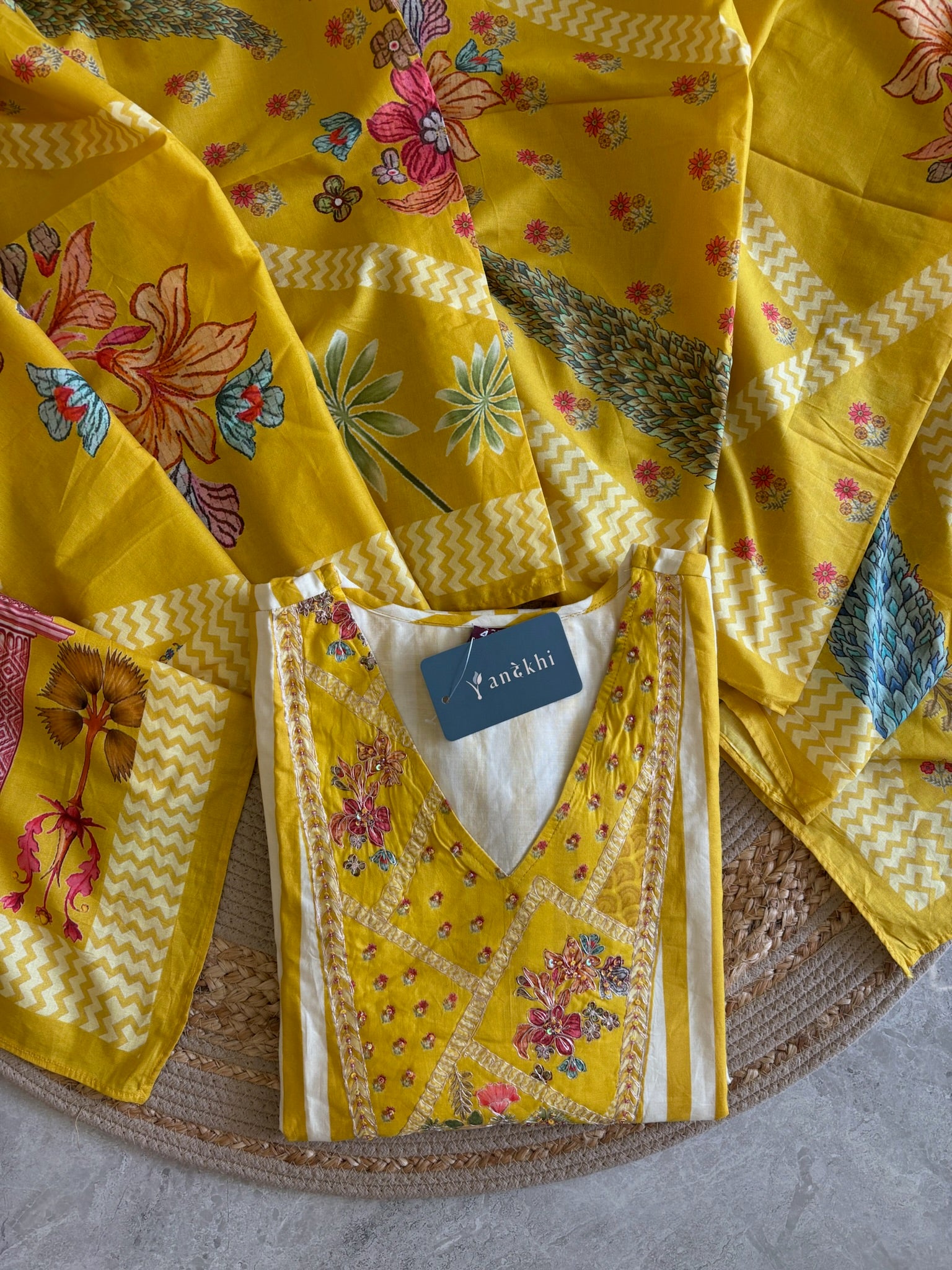 A4048- Pure Cotton A-Line Suit with Yoke Detailing delicate Embroidery, paired with Pants & a Vibrant Digital Printed Dupatta.