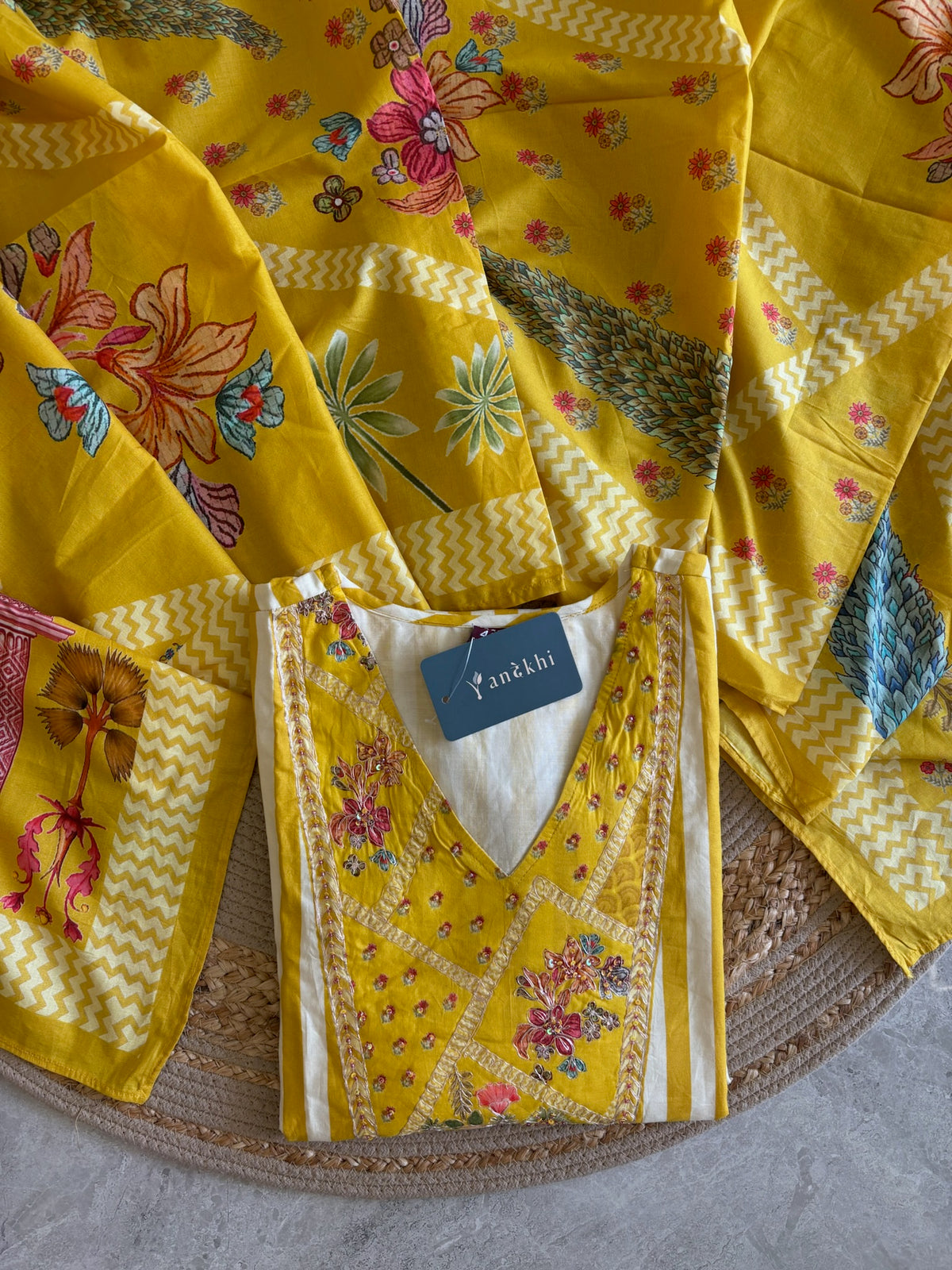 A4048- Pure Cotton A-Line Suit with Yoke Detailing delicate Embroidery, paired with Pants & a Vibrant Digital Printed Dupatta.