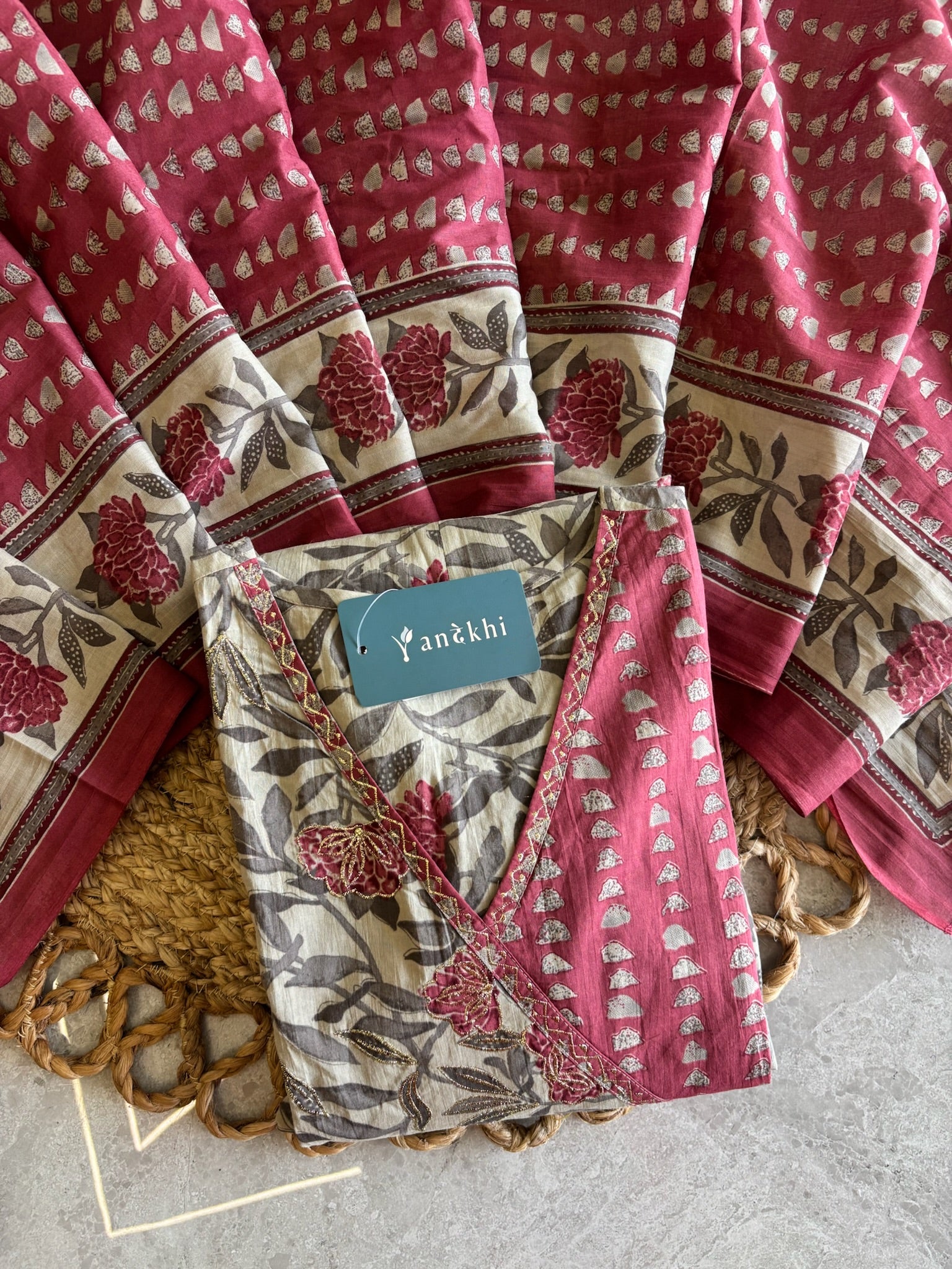 A3978- Pure Cotton Angarkha-style Anarkali Suit featuring Floral & Geometric prints, with Pants & Dupatta.